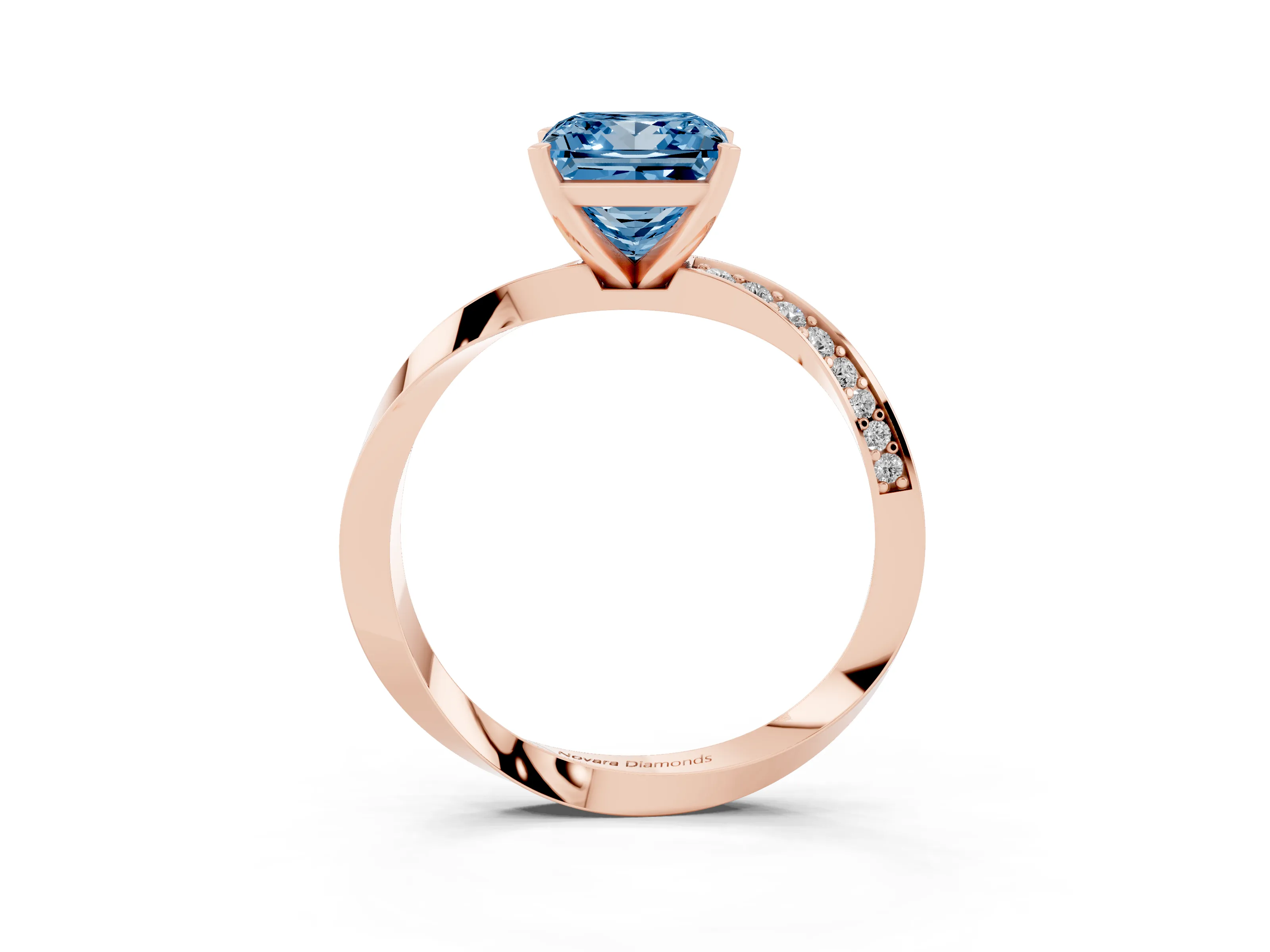 Fancy Blue Princess Cut Diamond Engagement Ring Set in Rose gold with Side Stone Accents and Prong Setting