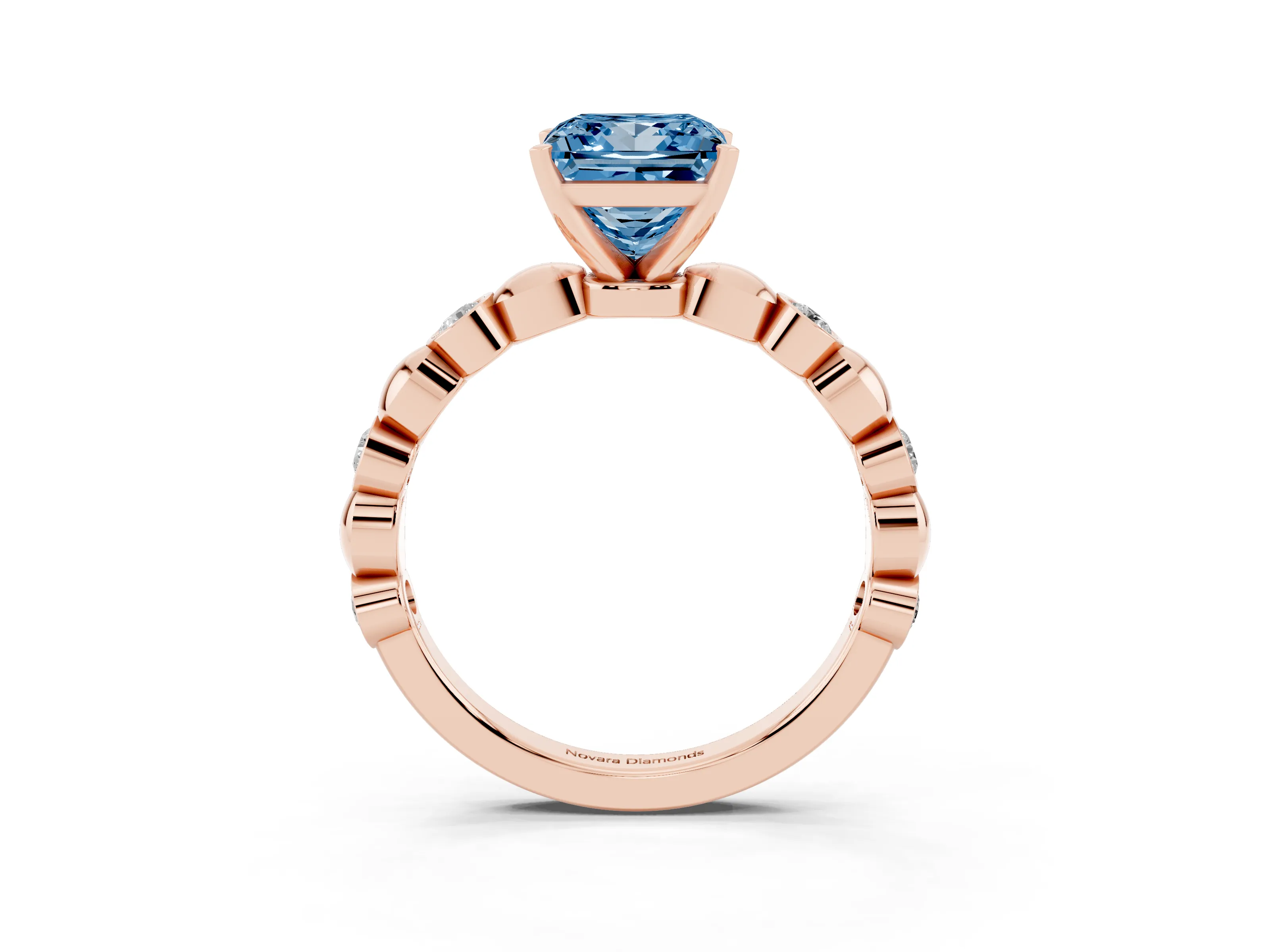 Fancy Blue Princess Cut Diamond Solitaire Ring Set in Rose gold with Bezel-Set Accents on Beaded Band and Prong Setting