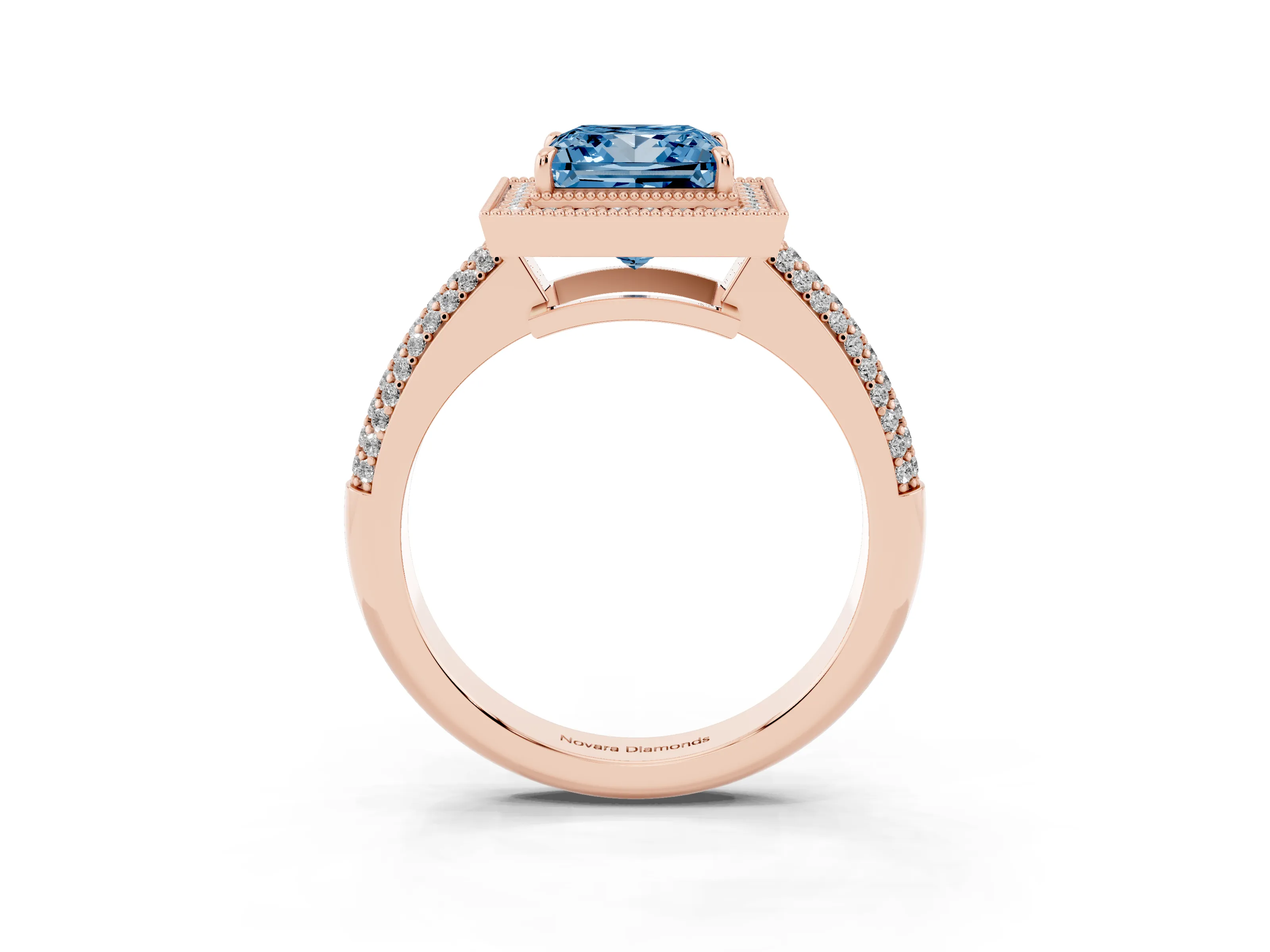 Fancy Blue Princess Cut Diamond Halo Pavé Band Set in Rose gold with Prong Setting