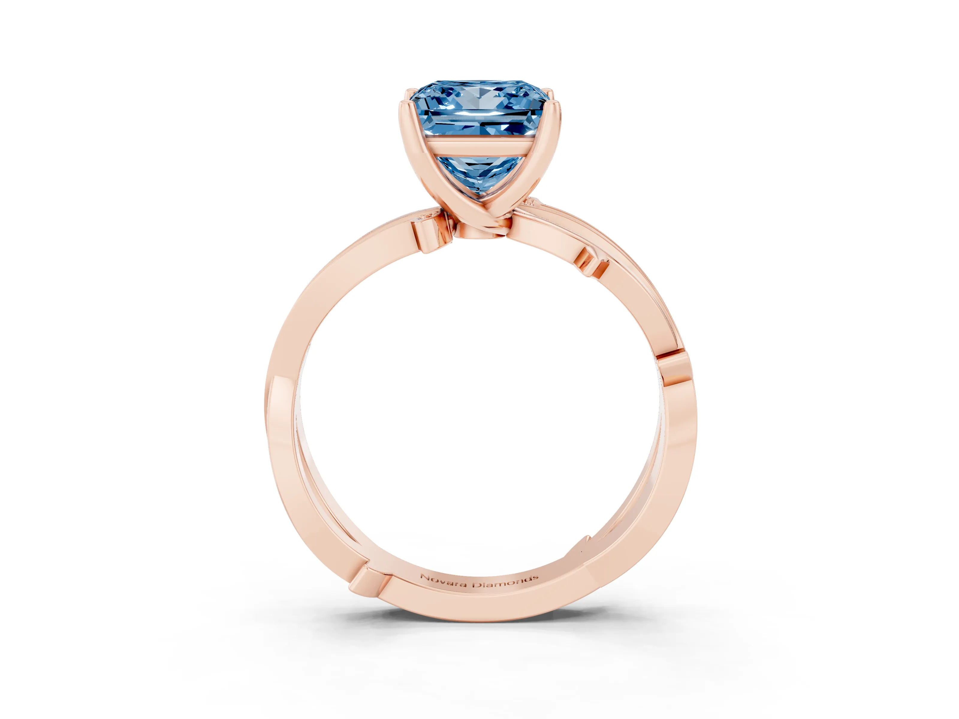 Fancy Blue Princess Cut Diamond Pavé Twist Band Solitaire Ring Set in Rose gold with Prong Setting