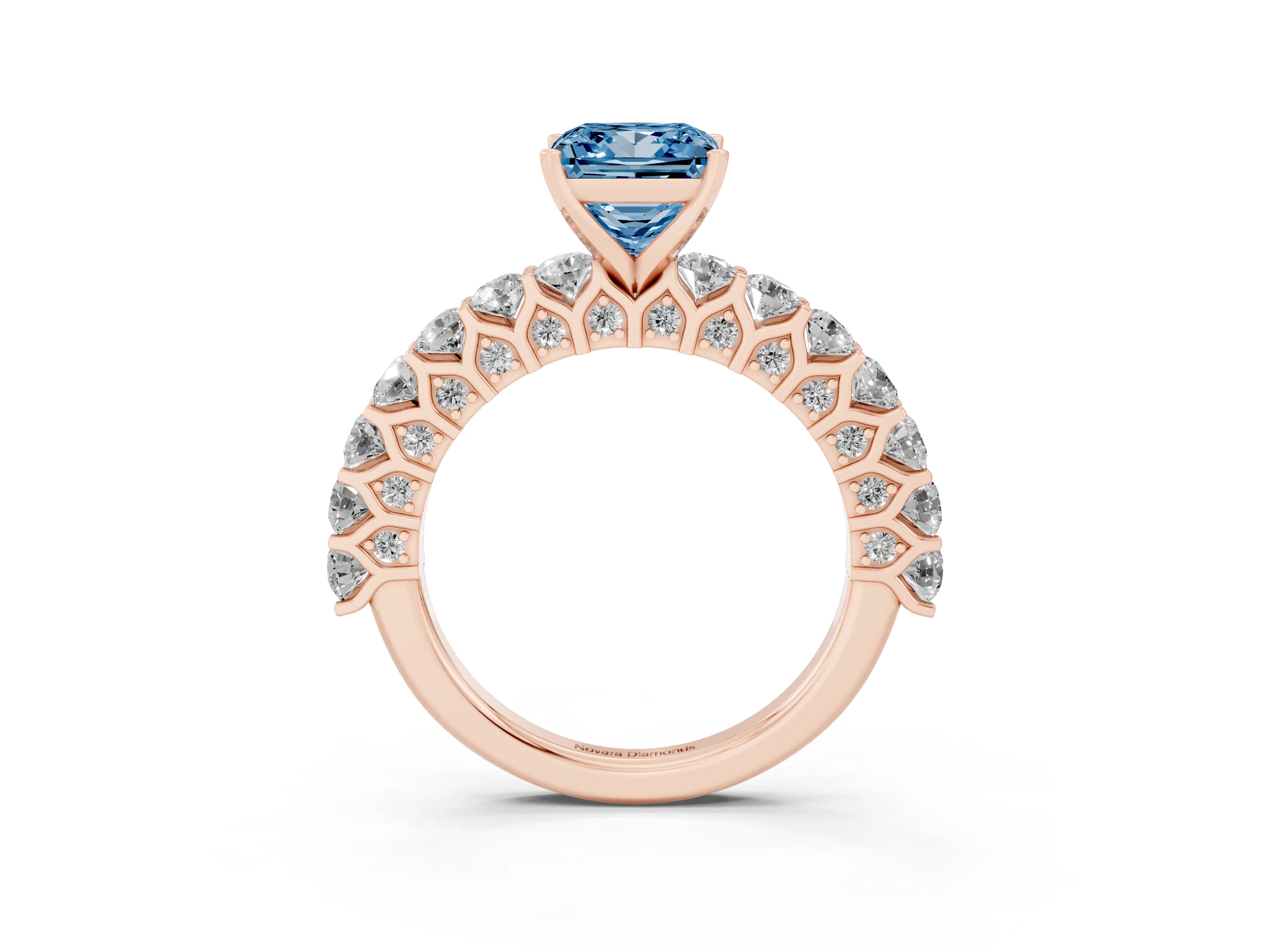 Fancy Blue Princess Cut Diamond Solitaire Ring Set in Rose gold with Shared Prong Pavé Band