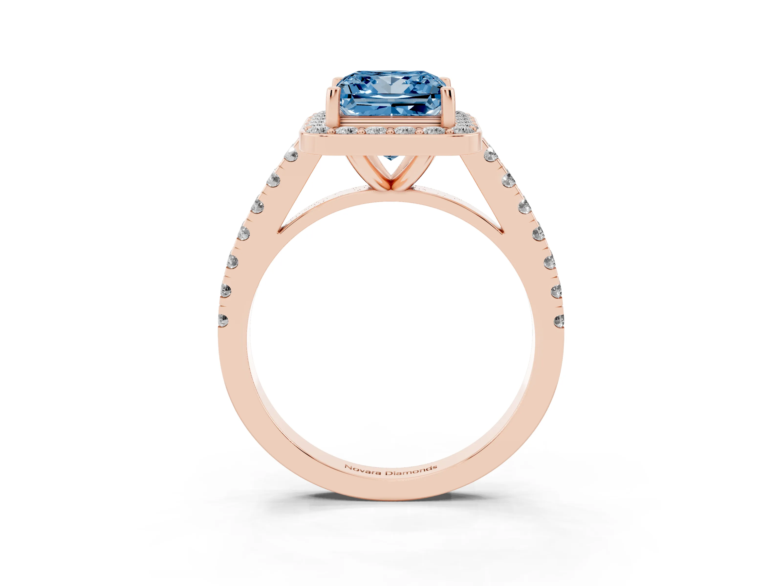 Fancy Blue Princess Cut Diamond Halo Ring Set in Rose gold with Round Pavé Split Shank and Prong Setting