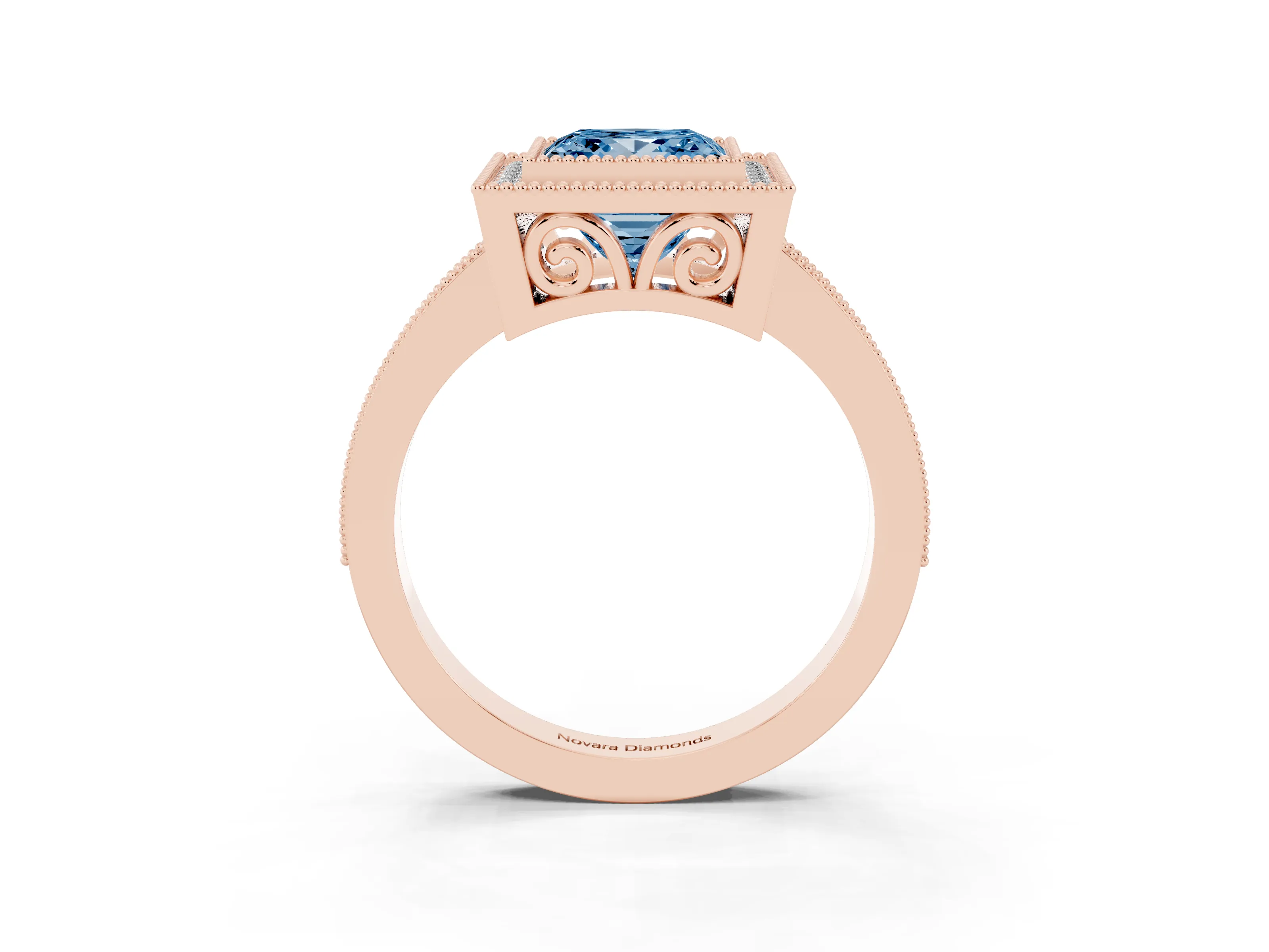 Fancy Blue Princess Cut Diamond Halo Ring Set in Rose gold with Pavé Band and Milgrain-Edged Prongs
