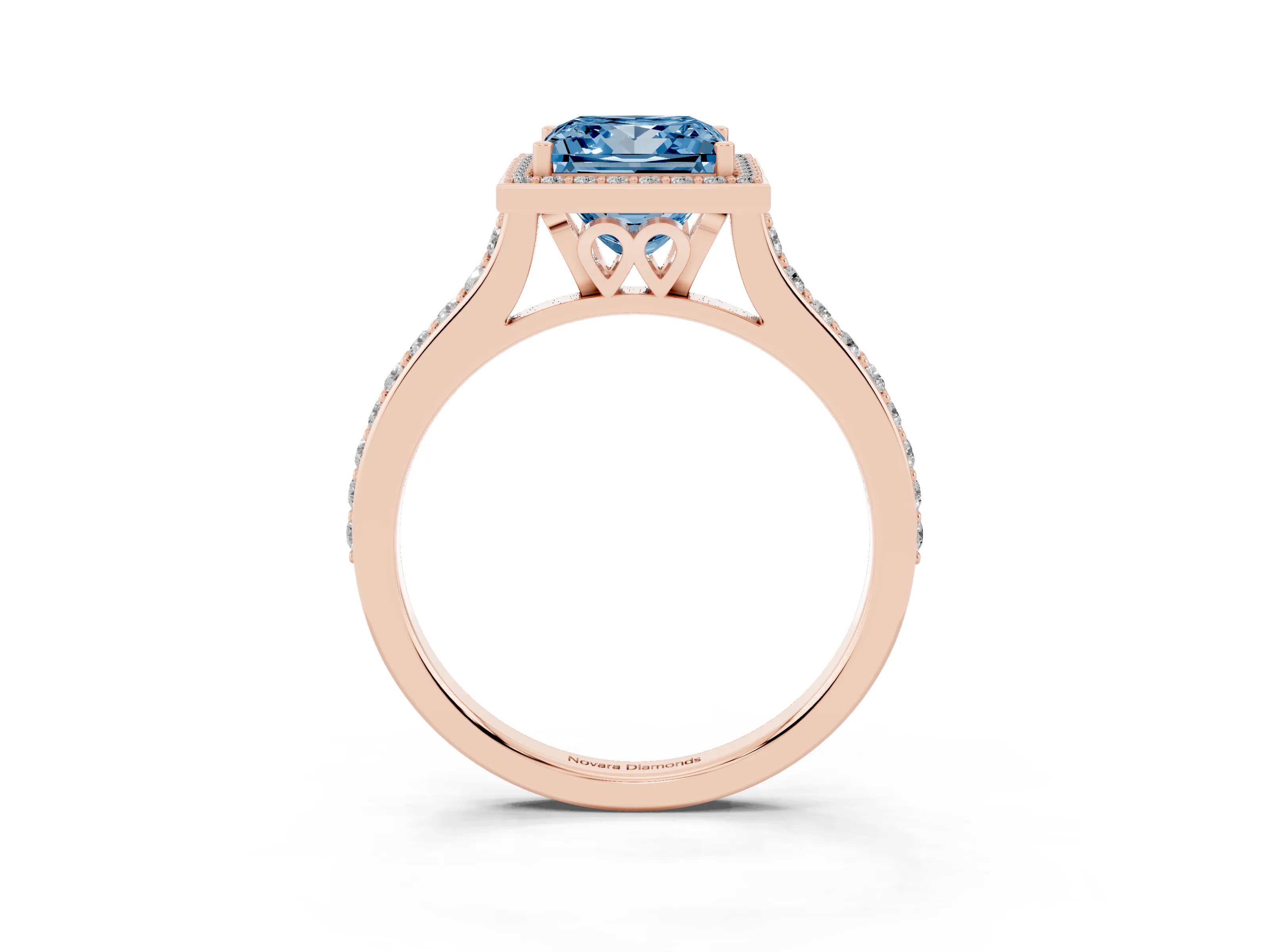 Fancy Blue Princess Cut Diamond Halo Engagement Ring Set in Rose gold with Round Pavé Shoulders and Heart Gallery