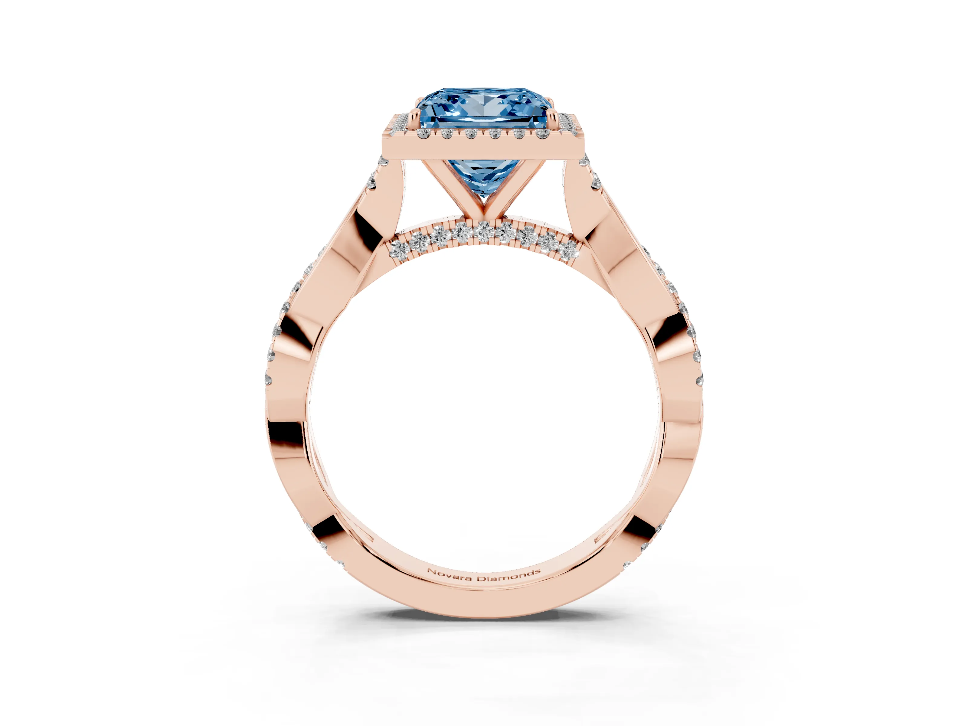 Fancy Blue Princess Cut Diamond Halo Twist Band Solitaire Ring Set in Rose gold with Prong Setting