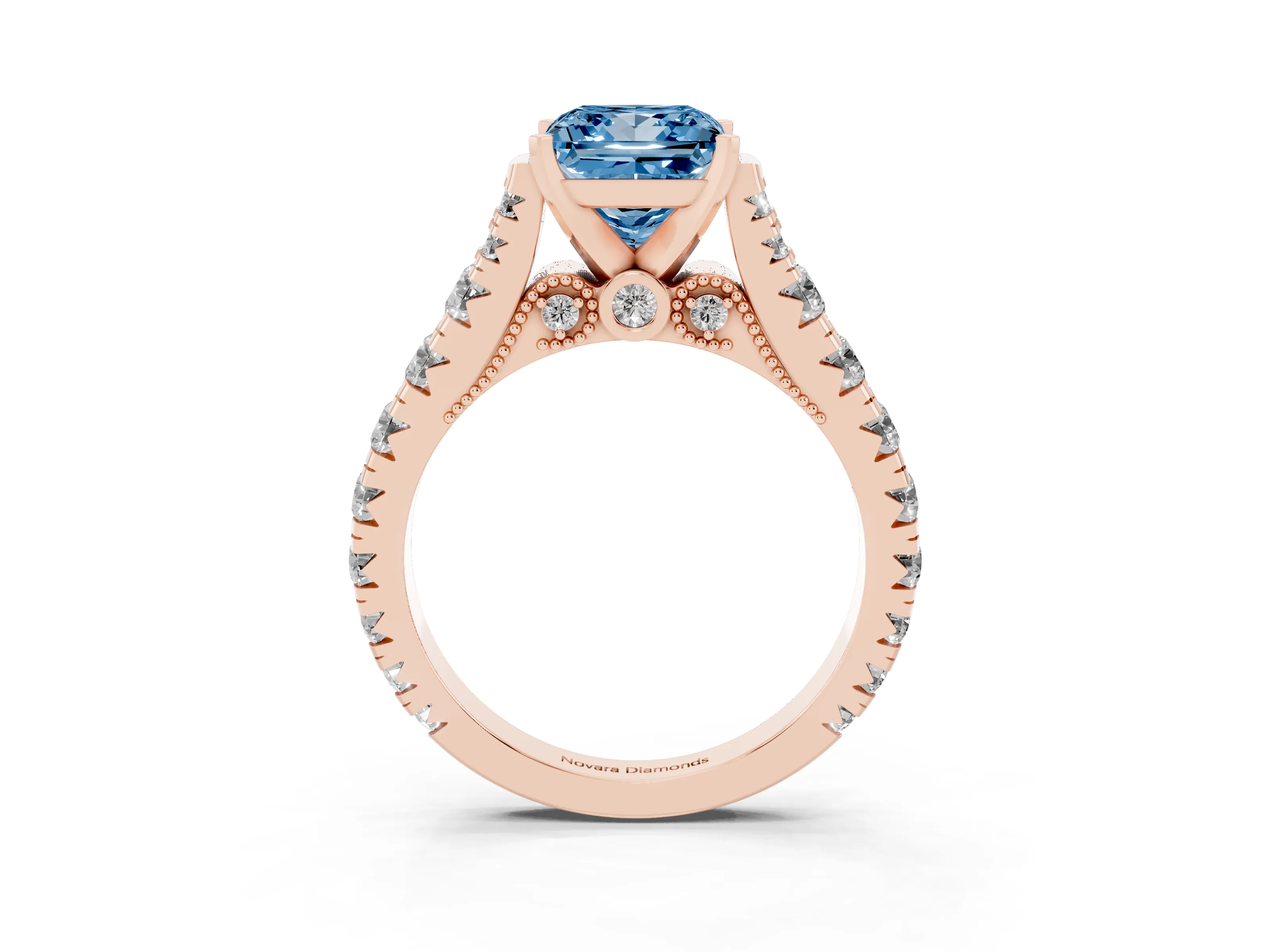 Fancy Blue Princess Cut Diamond Classic Solitaire Ring Set in Rose gold with Pavé Band and Prong Setting