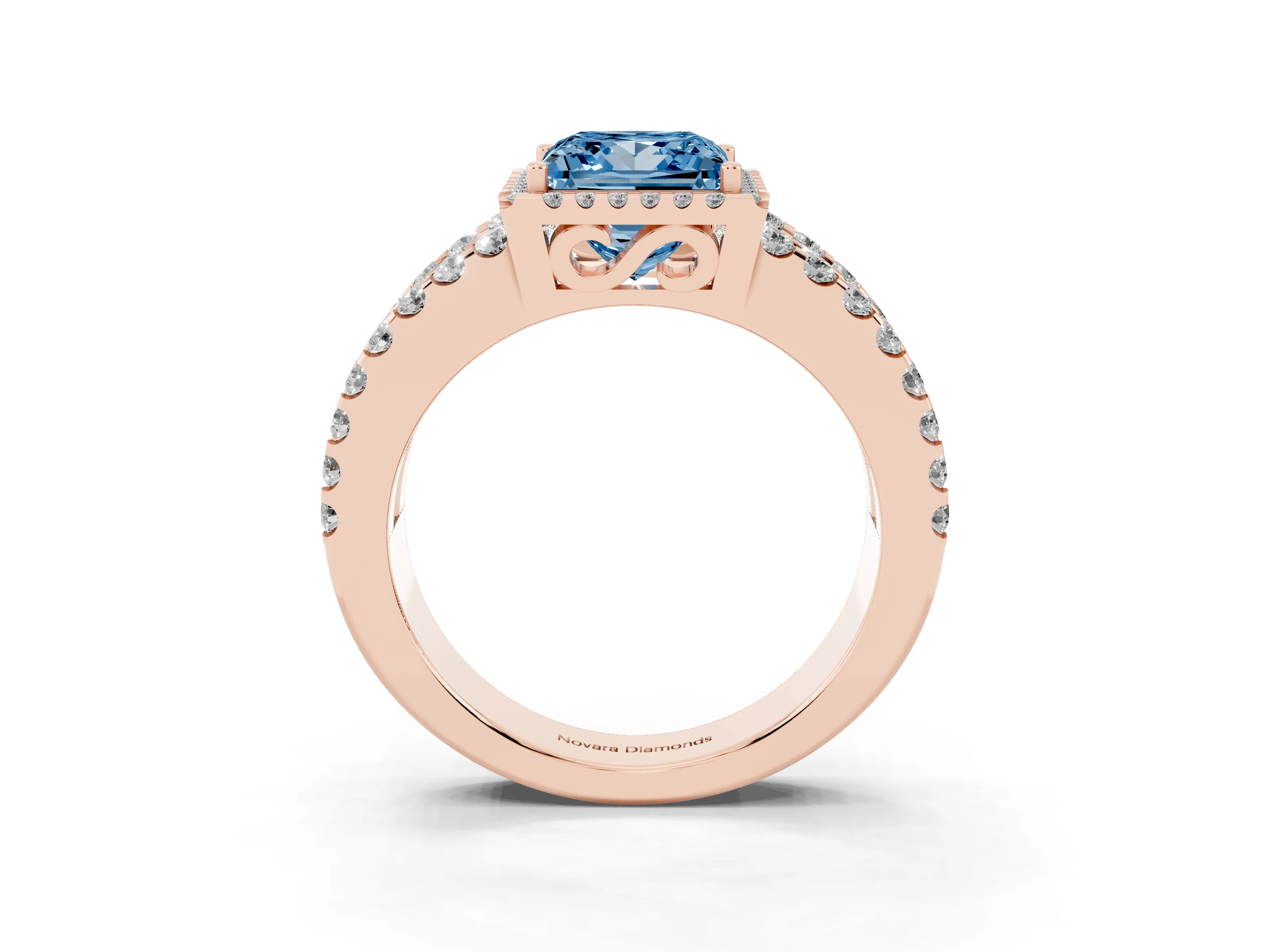 Fancy Blue Princess Cut Diamond Halo Ring Set in Rose gold with Pavé Split Shank and Prong Setting