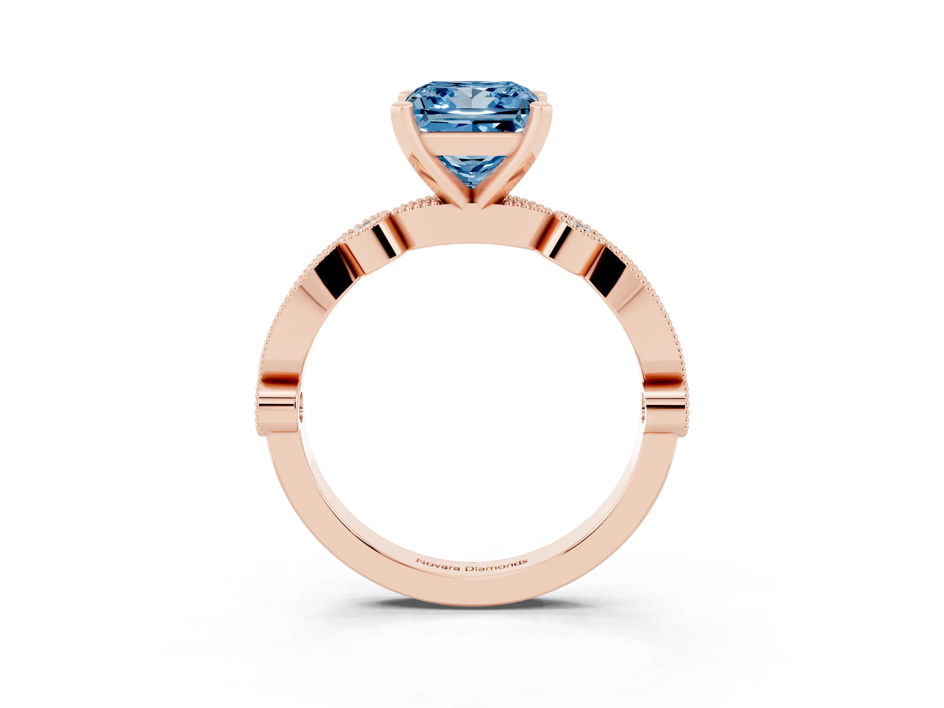 Fancy Blue Princess Cut Diamond Solitaire Engagement Ring Set in Rose gold with Milgrain Bezel Accent Band