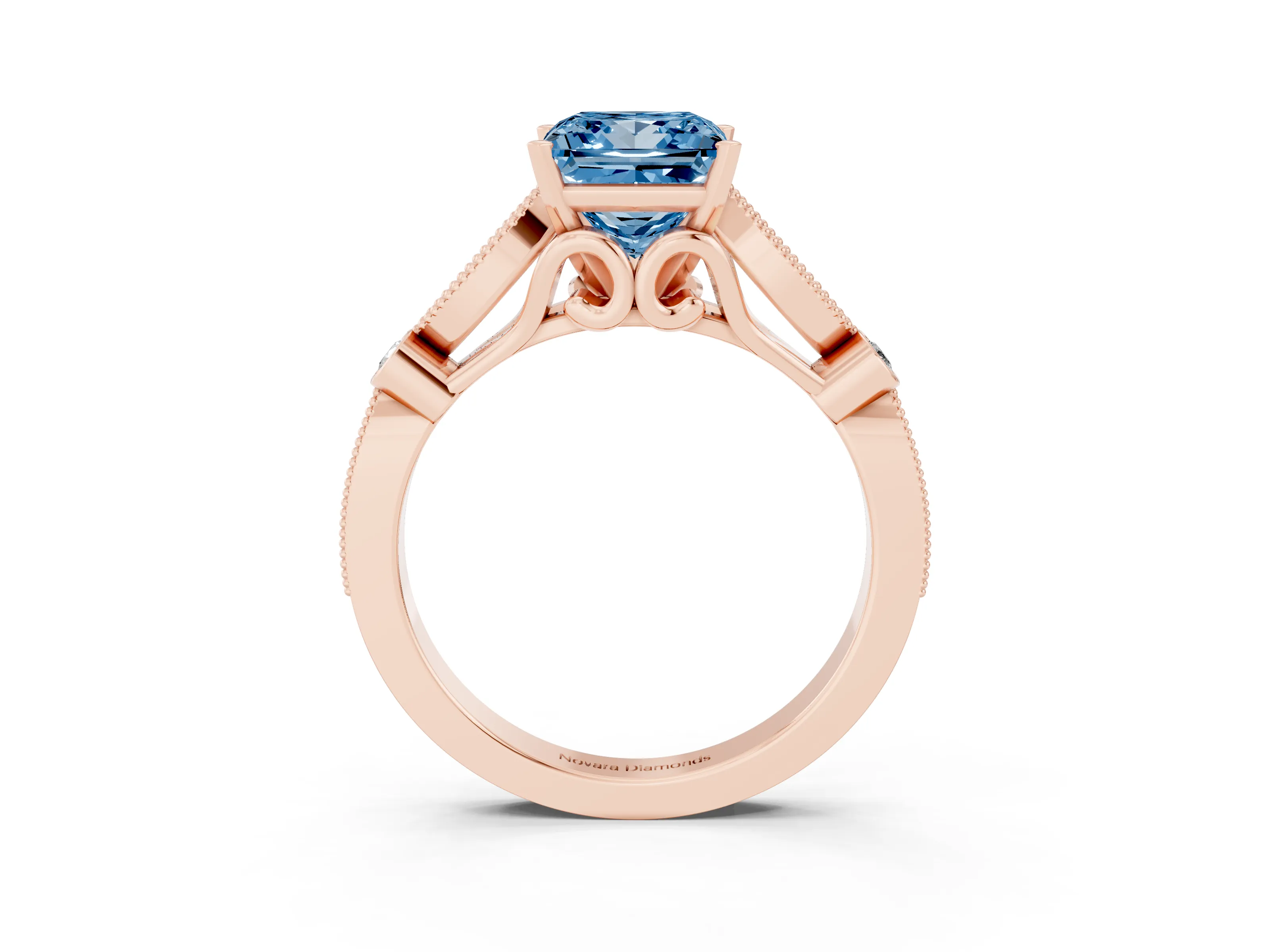 Fancy Blue Princess Cut Diamond Solitaire Ring Set in Rose gold with Milgrain Marquise and Bezel Accents