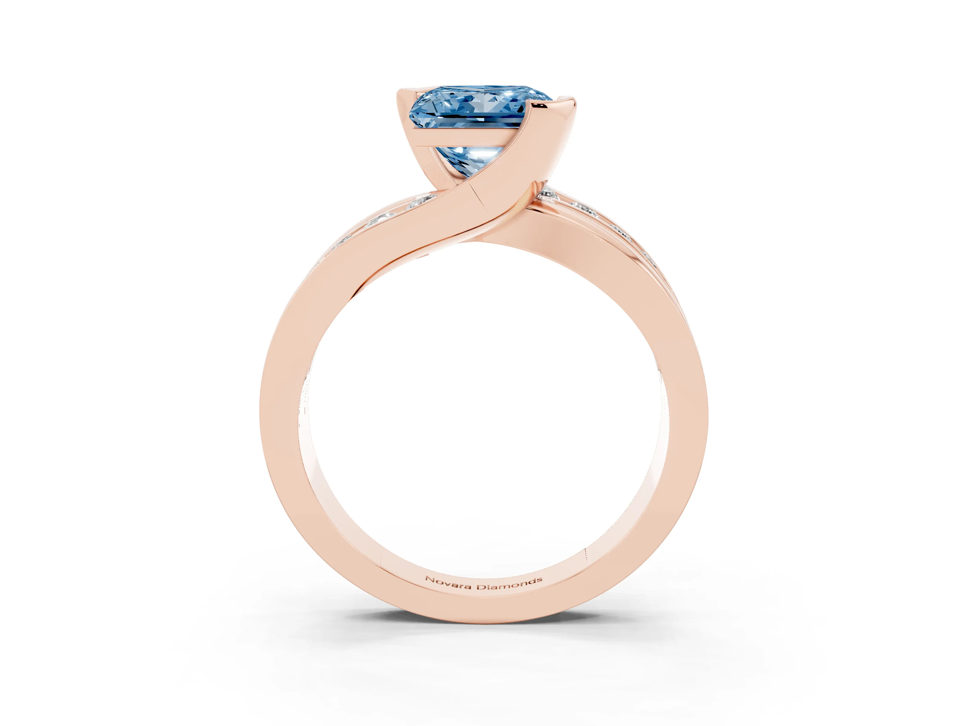 Fancy Blue Princess Cut Diamond Solitaire Ring Set in Rose gold with Channel Set Split Shank and Tension Prongs
