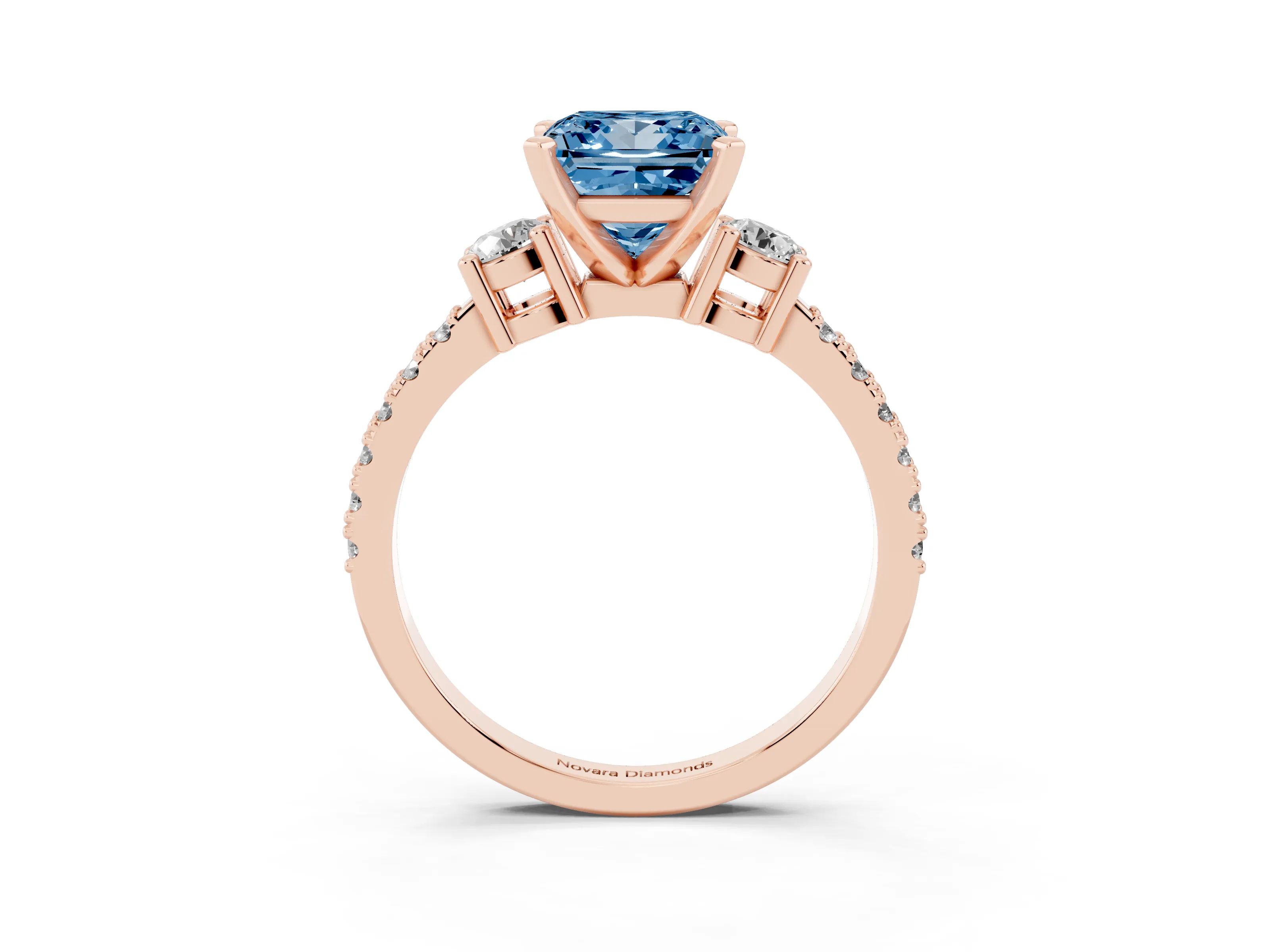 Fancy Blue Three-Stone Princess Cut Diamond Pavé Band Ring Set in Rose gold with Prong Setting
