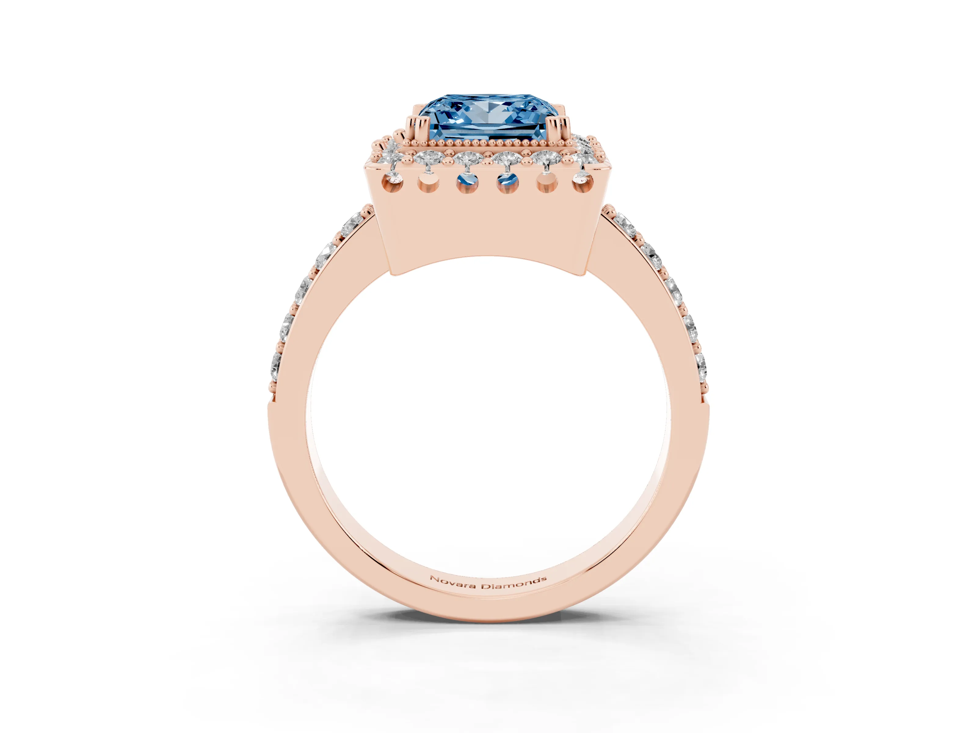 Fancy Blue Princess Cut Diamond Halo Ring Set in Rose gold with Pavé Shank and Prong Setting