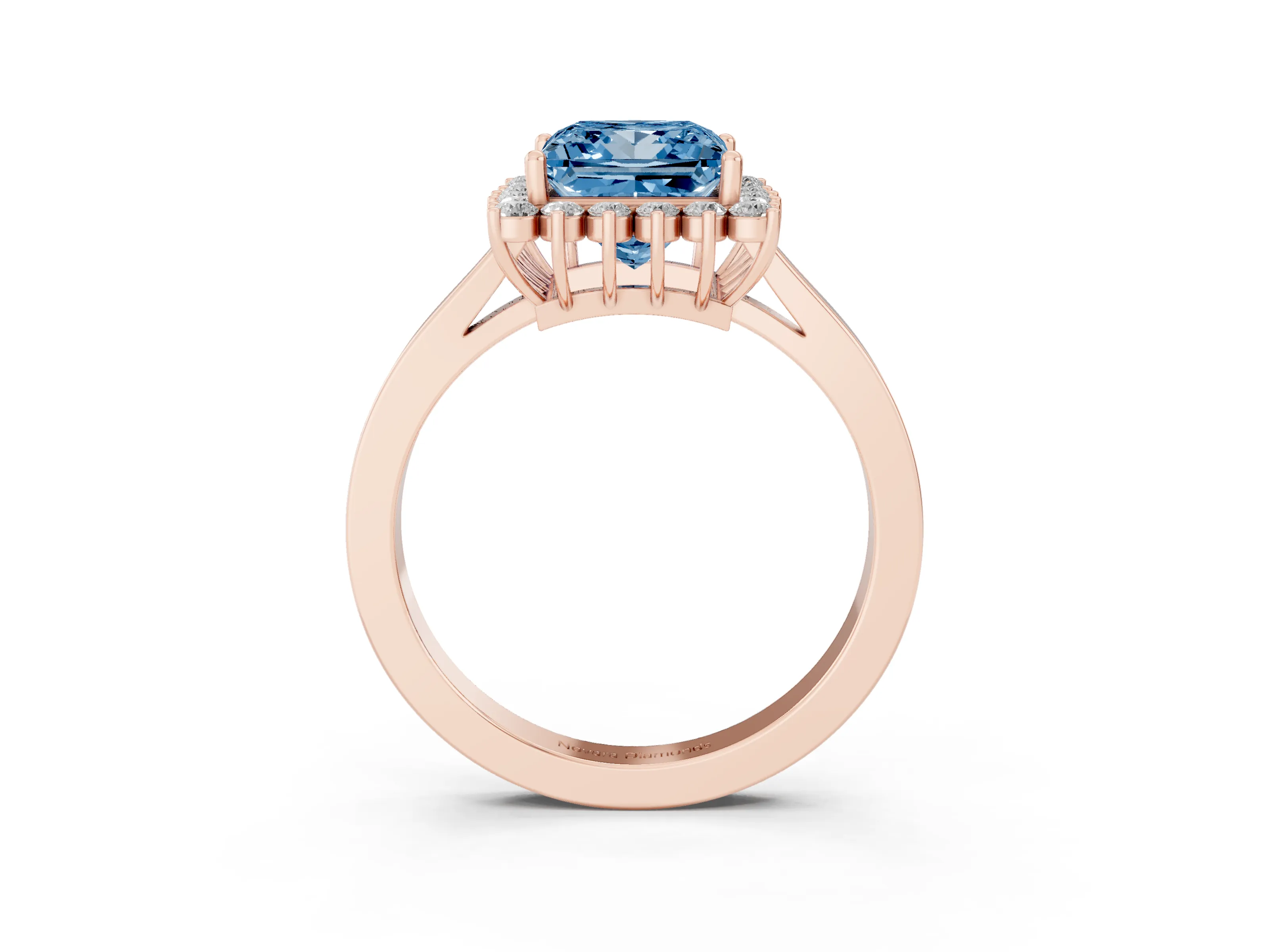 Fancy Blue Princess Cut Diamond Halo Ring Set in Rose gold with Round Halo and Smooth Solitaire Band