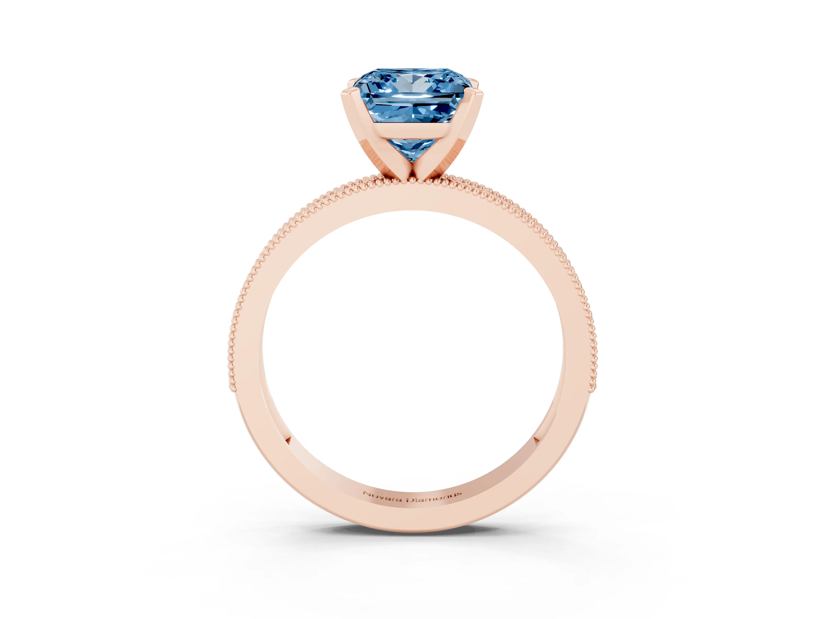 Fancy Blue Princess Cut Diamond Milgrain Pavé Engagement Ring Set in Rose gold with Prong Setting