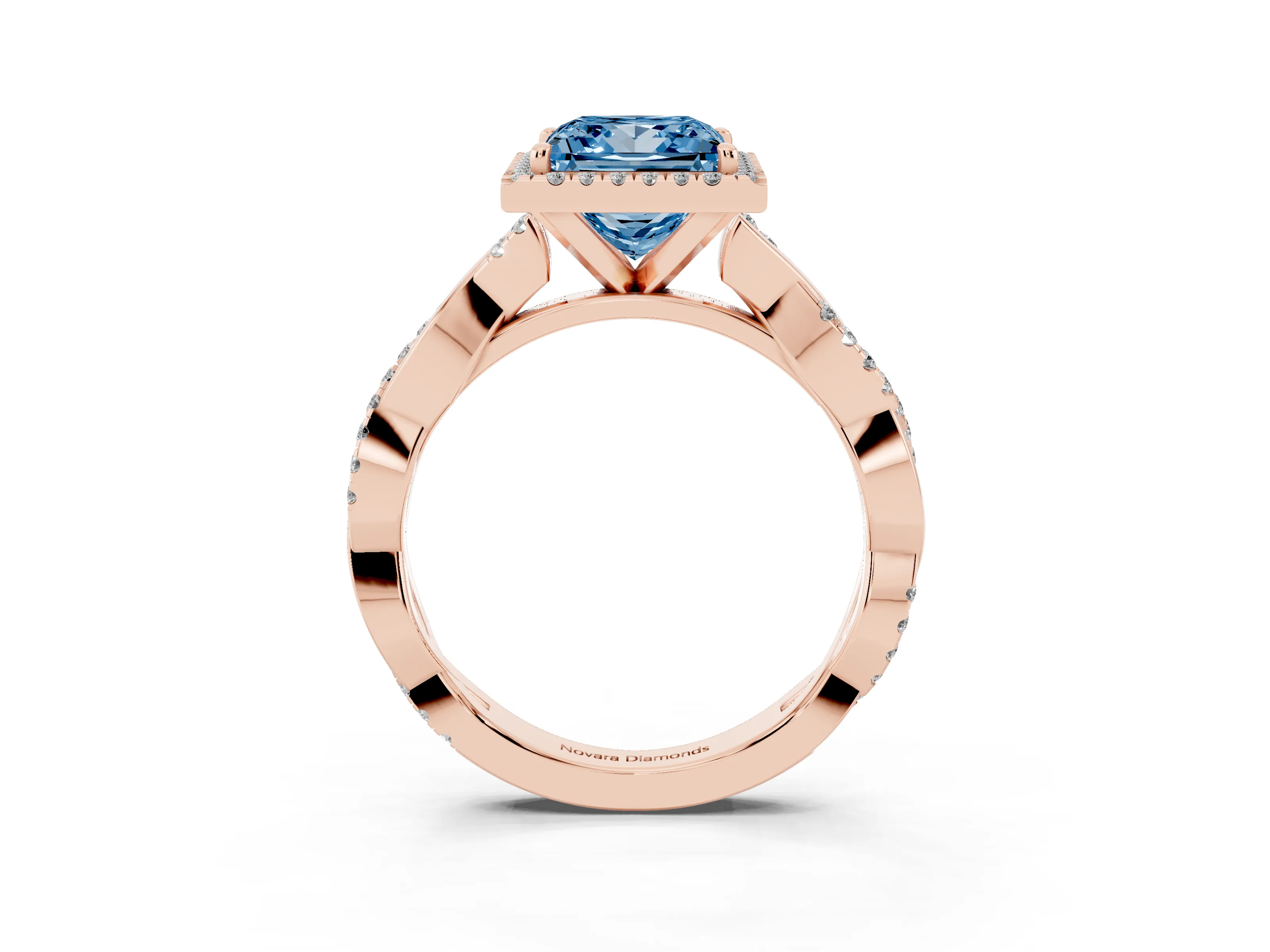 Fancy Blue Princess Cut Diamond Halo Twisted Band Ring Set in Rose gold with Prong Setting