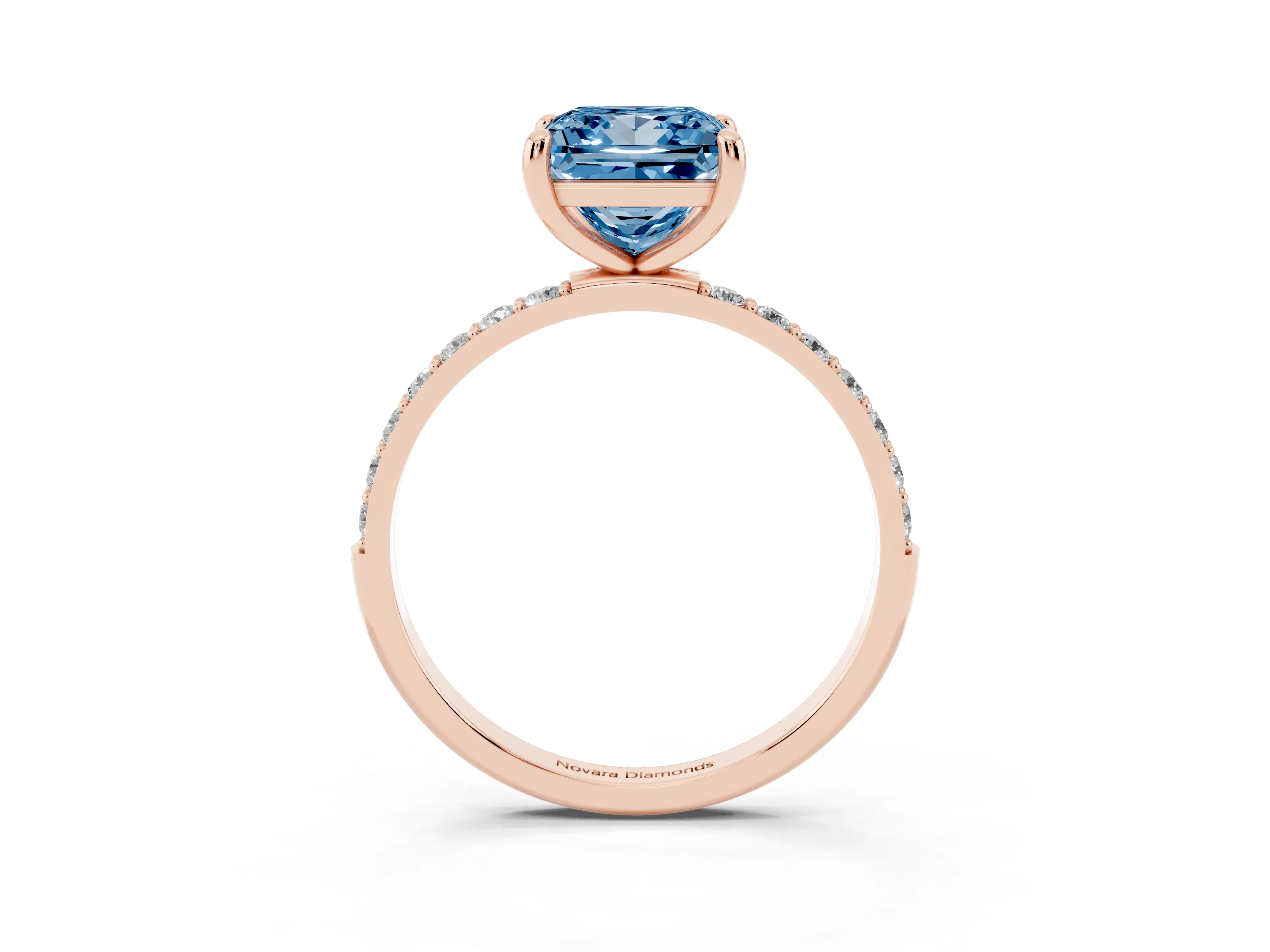 Fancy Blue Princess Cut Diamond Solitaire Ring Set in Rose gold with Round Pavé Band and Prong Setting