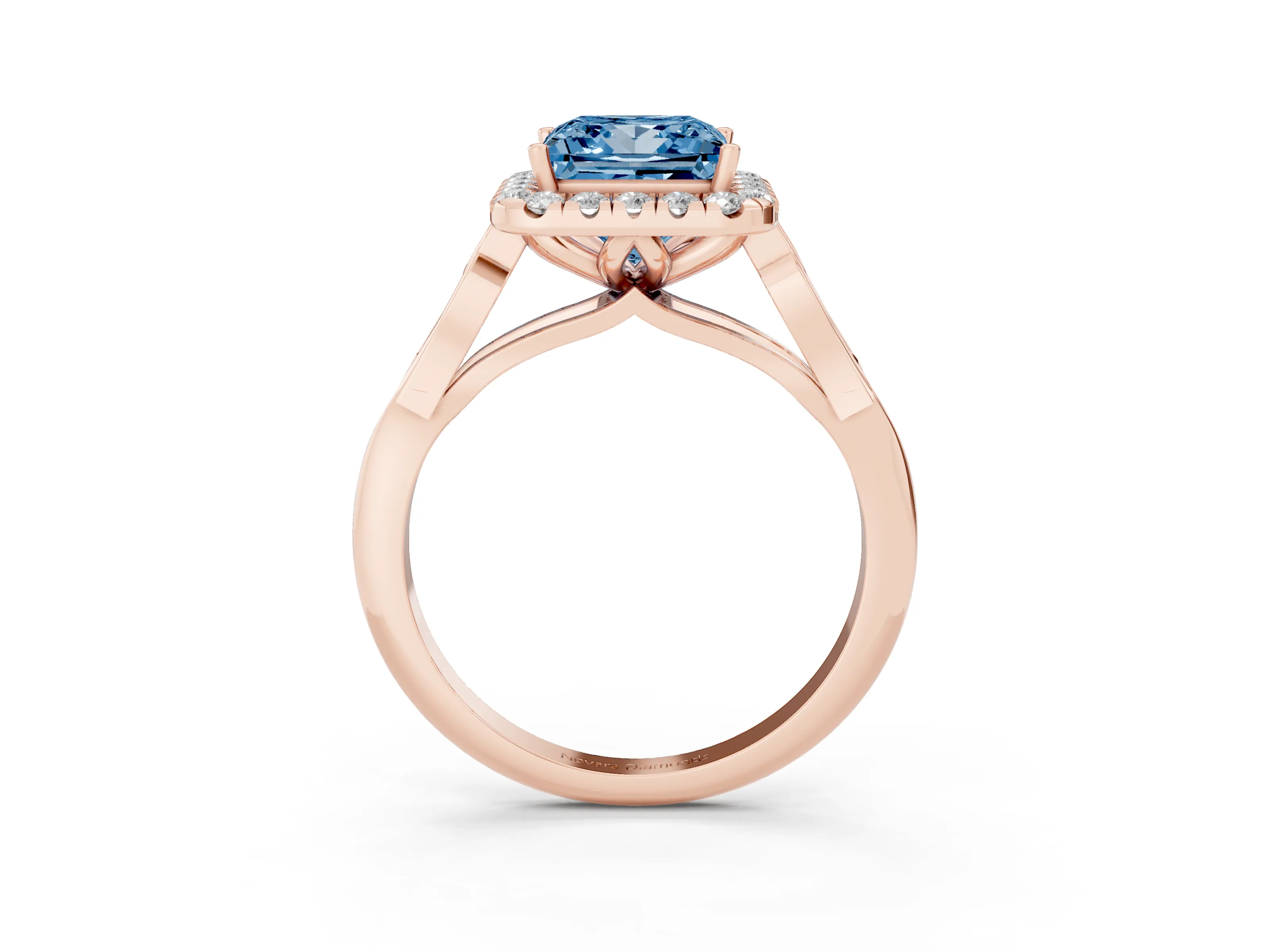 Fancy Blue Princess Cut Diamond Halo Engagement Ring Set in Rose gold with Filigree Band and Prong-Set Center