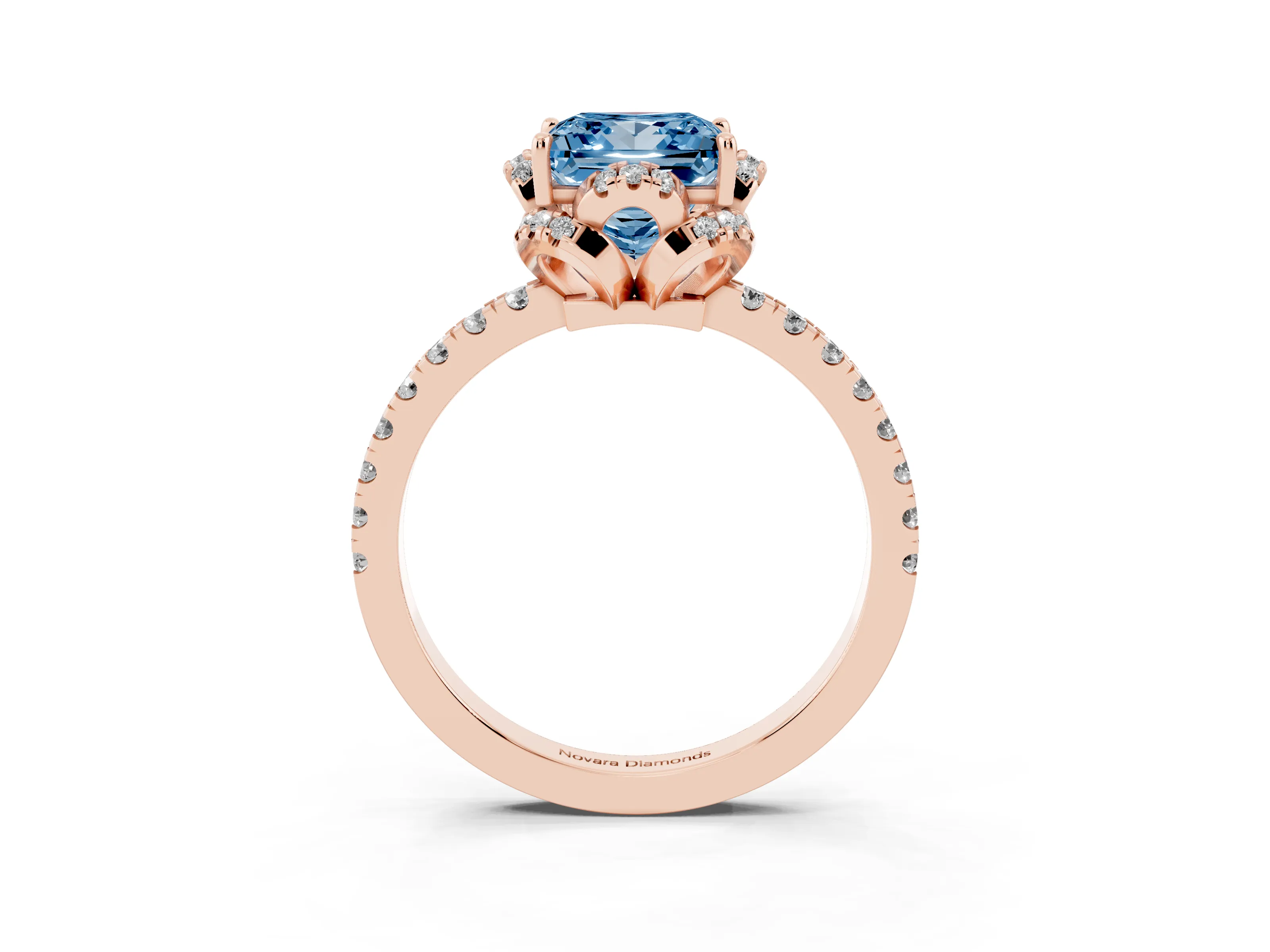 Fancy Blue Princess Cut Diamond Halo Pavé Band Ring Set in Rose gold with Prong-Held Center