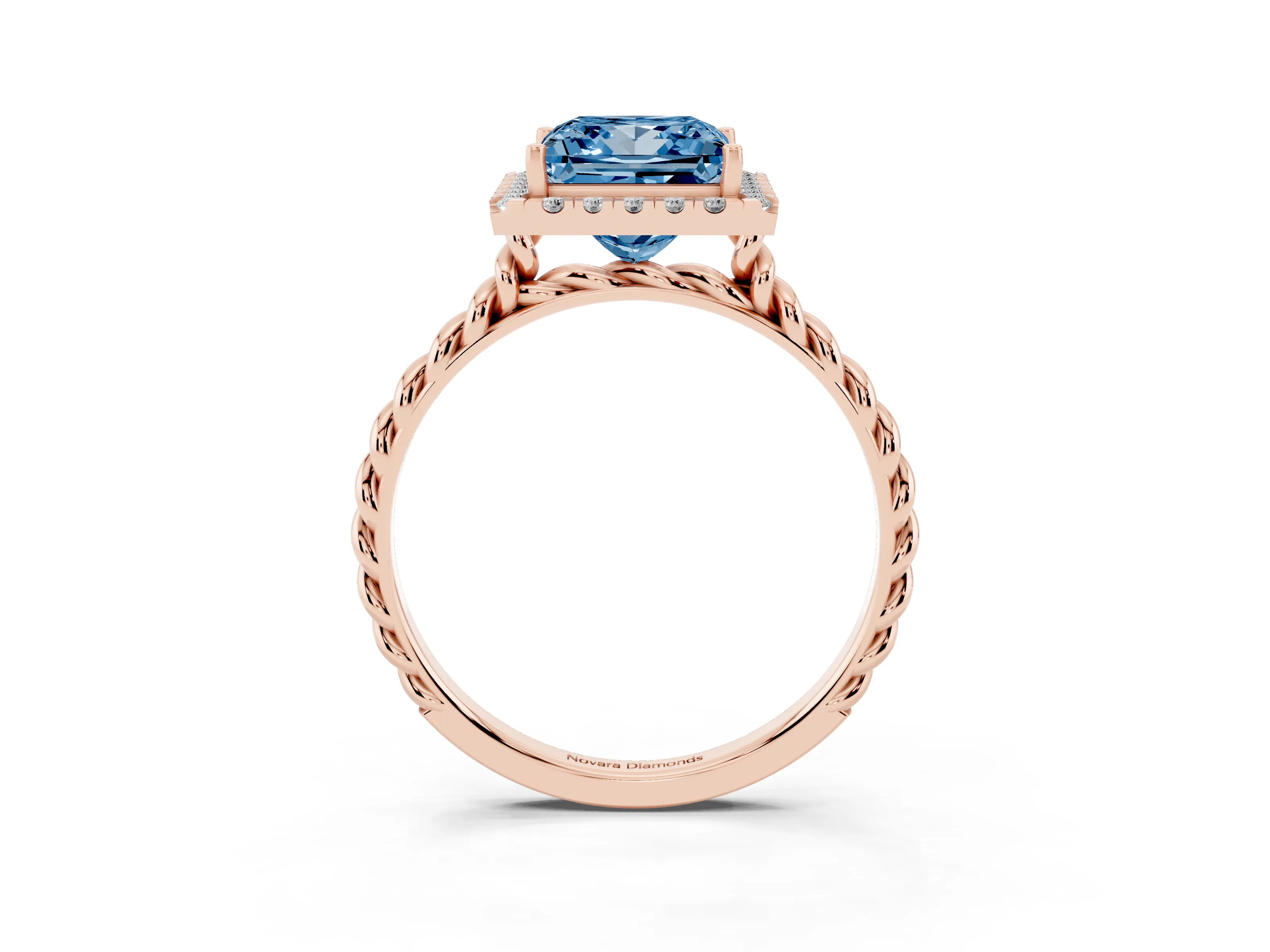Fancy Blue Princess Cut Diamond Halo Ring Set in Rose gold with Plain Twisted Band