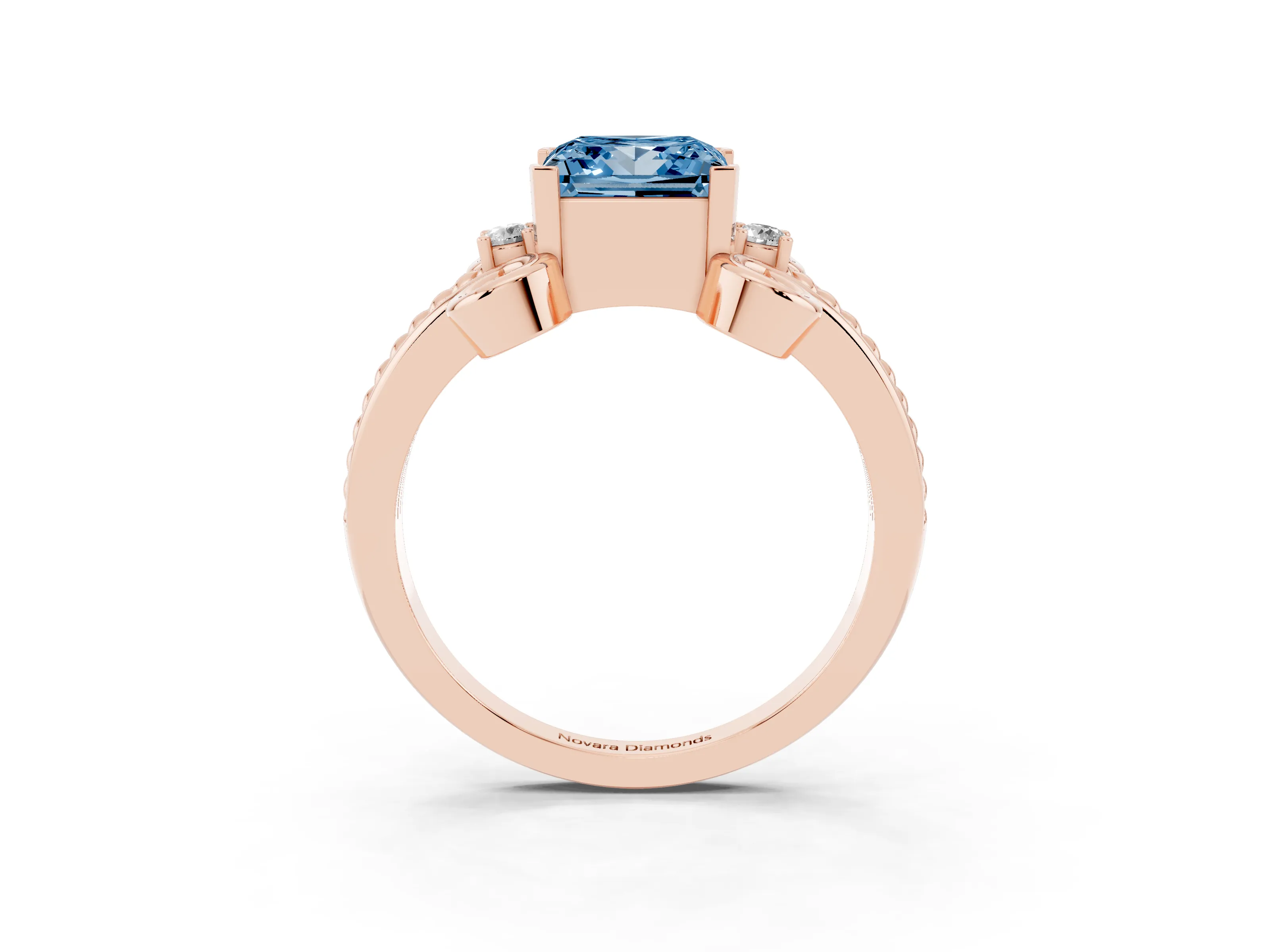 Fancy Blue Princess Cut Diamond Twisted Band Solitaire Ring Set in Rose gold with Scroll Prongs