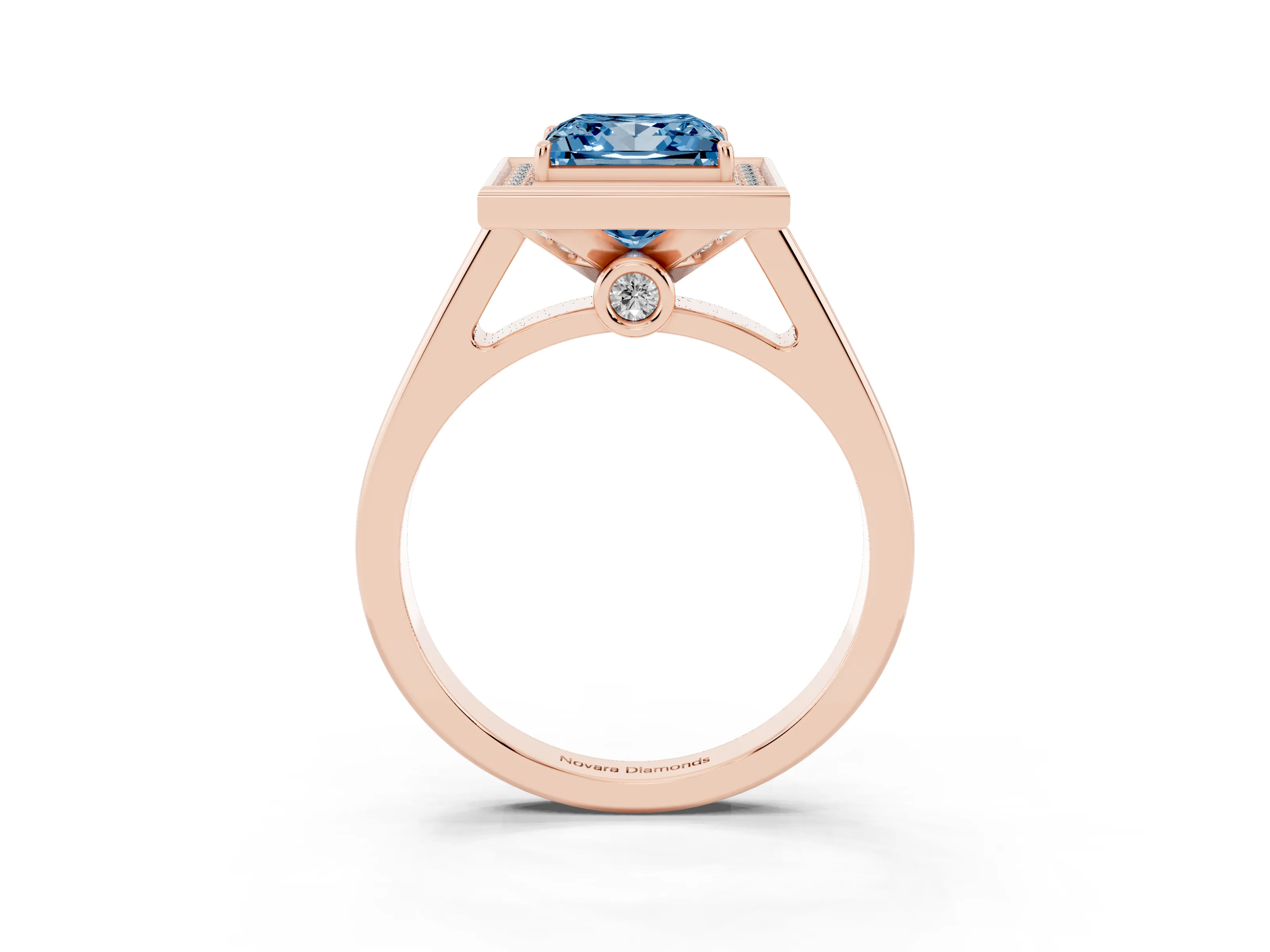 Fancy Blue Princess Cut Diamond Halo Solitaire Ring Set in Rose gold with Pavé Band and Bezel Setting