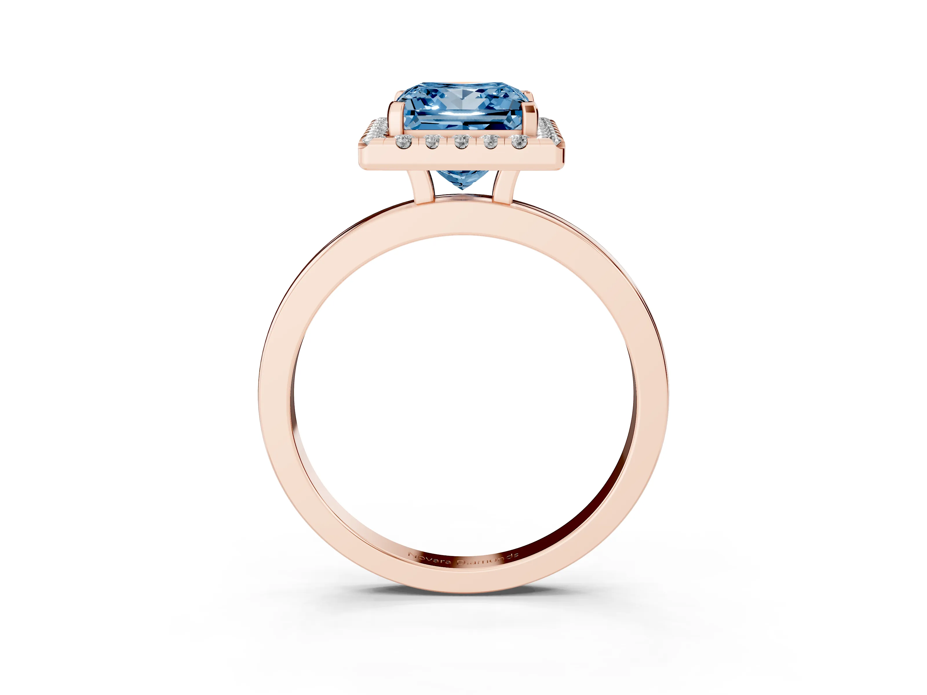Fancy Blue Princess Cut Diamond Halo Solitaire Ring Set in Rose gold with Pavé Band and Prong Setting