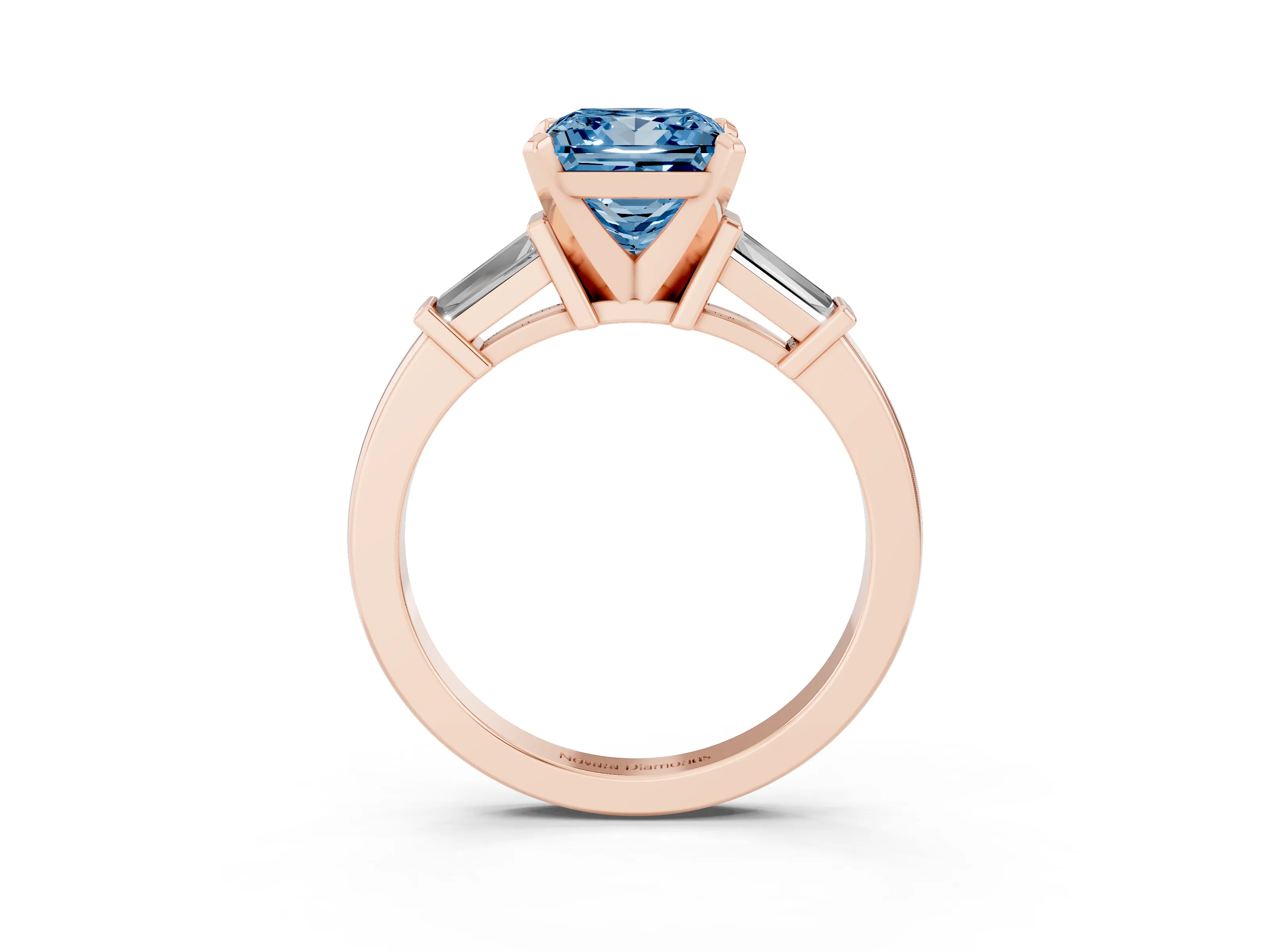 Fancy Blue Princess Cut Diamond Solitaire Ring Set in Rose gold with Tapered Baguette Accents and Prong Setting