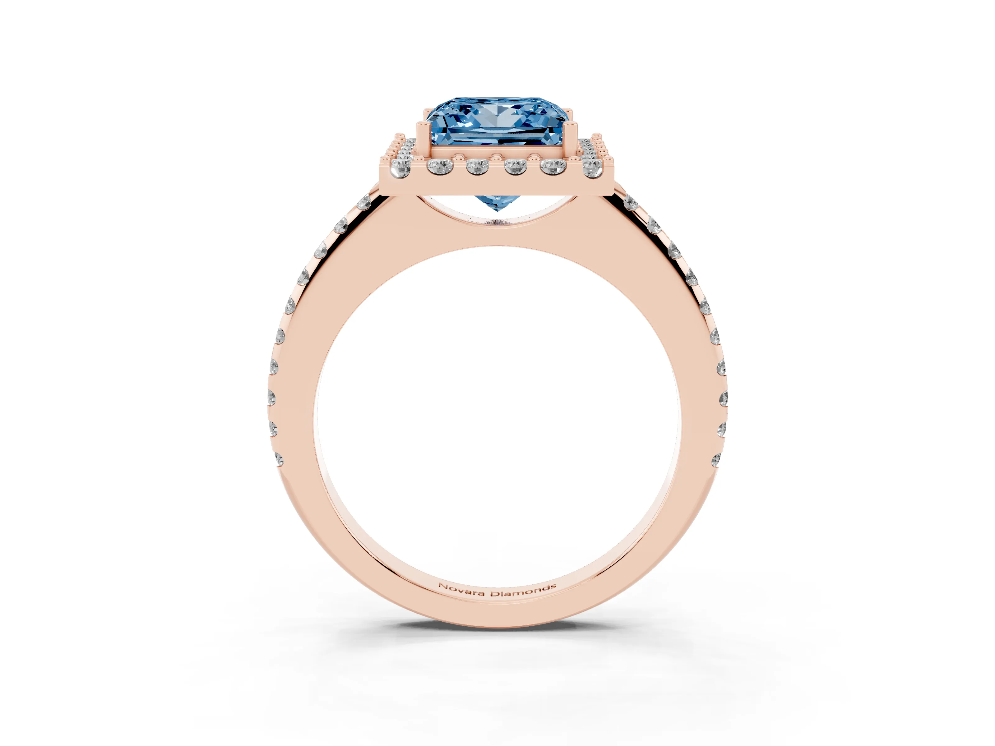 Fancy Blue Princess Cut Diamond Pavé Halo Ring Set in Rose gold with Prong Setting