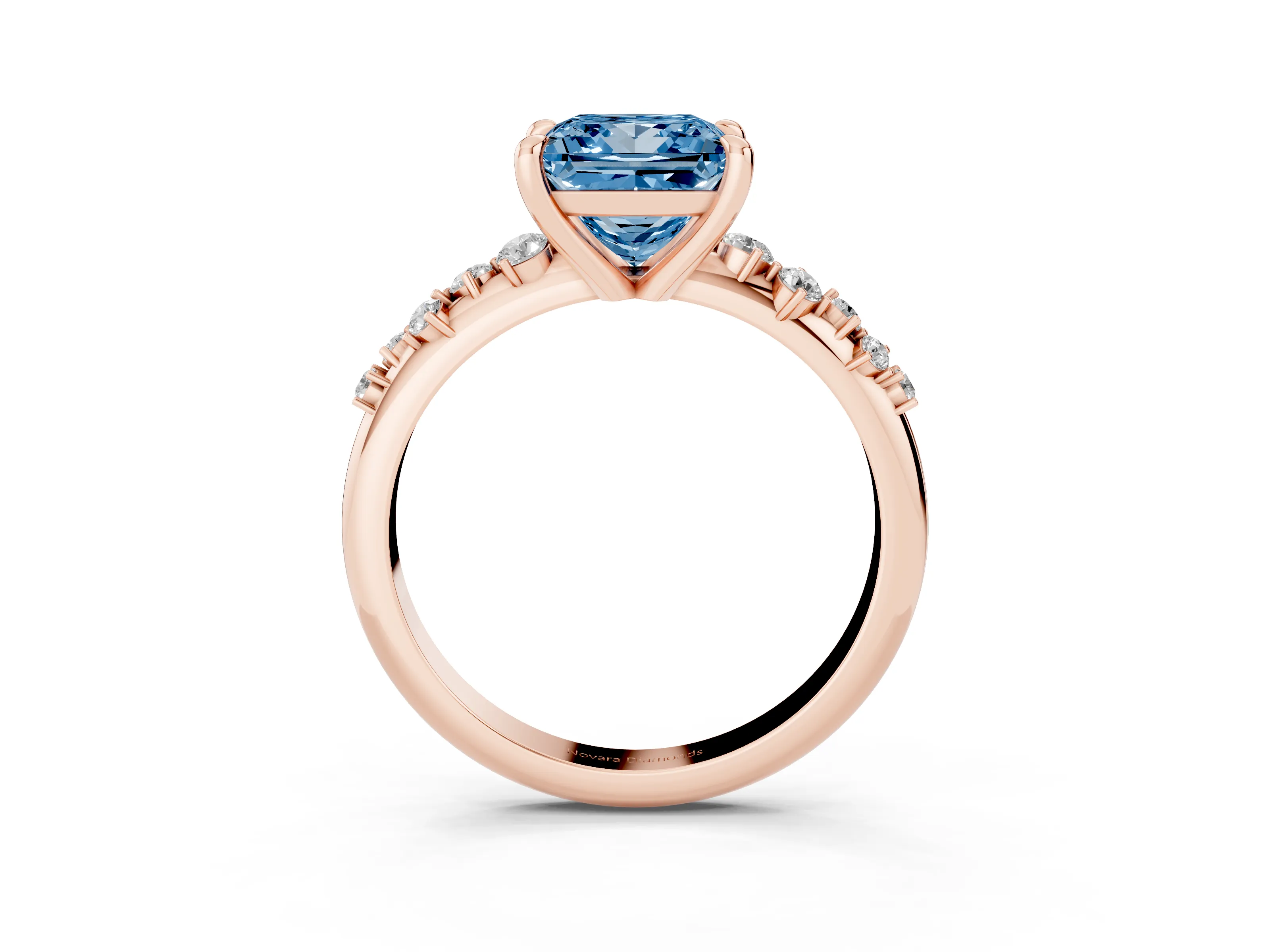 Fancy Blue Princess Cut Diamond Solitaire Vine Band Ring Set in Rose gold with Round Accents and Prong Setting