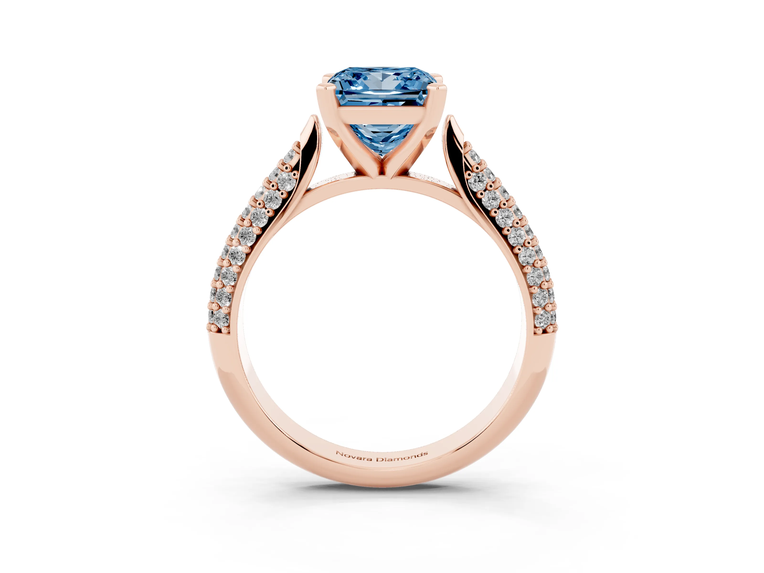 Fancy Blue Princess Cut Diamond Solitaire Engagement Ring Set in Rose gold with Multi-Row Round Pavé Band and Prong Setting
