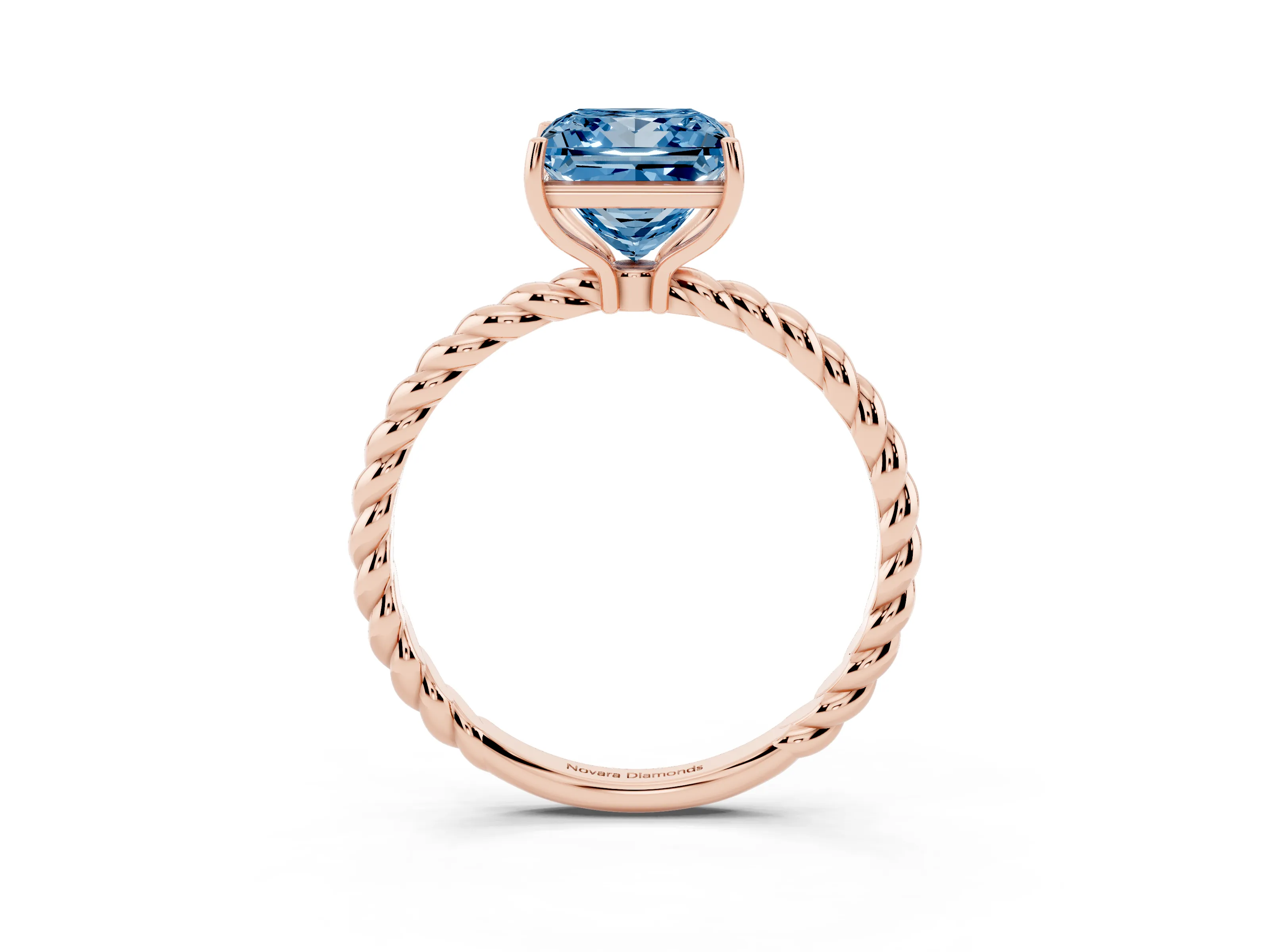 Fancy Blue Princess Cut Diamond Solitaire Ring Set in Rose gold with Twist Band and Prong Setting