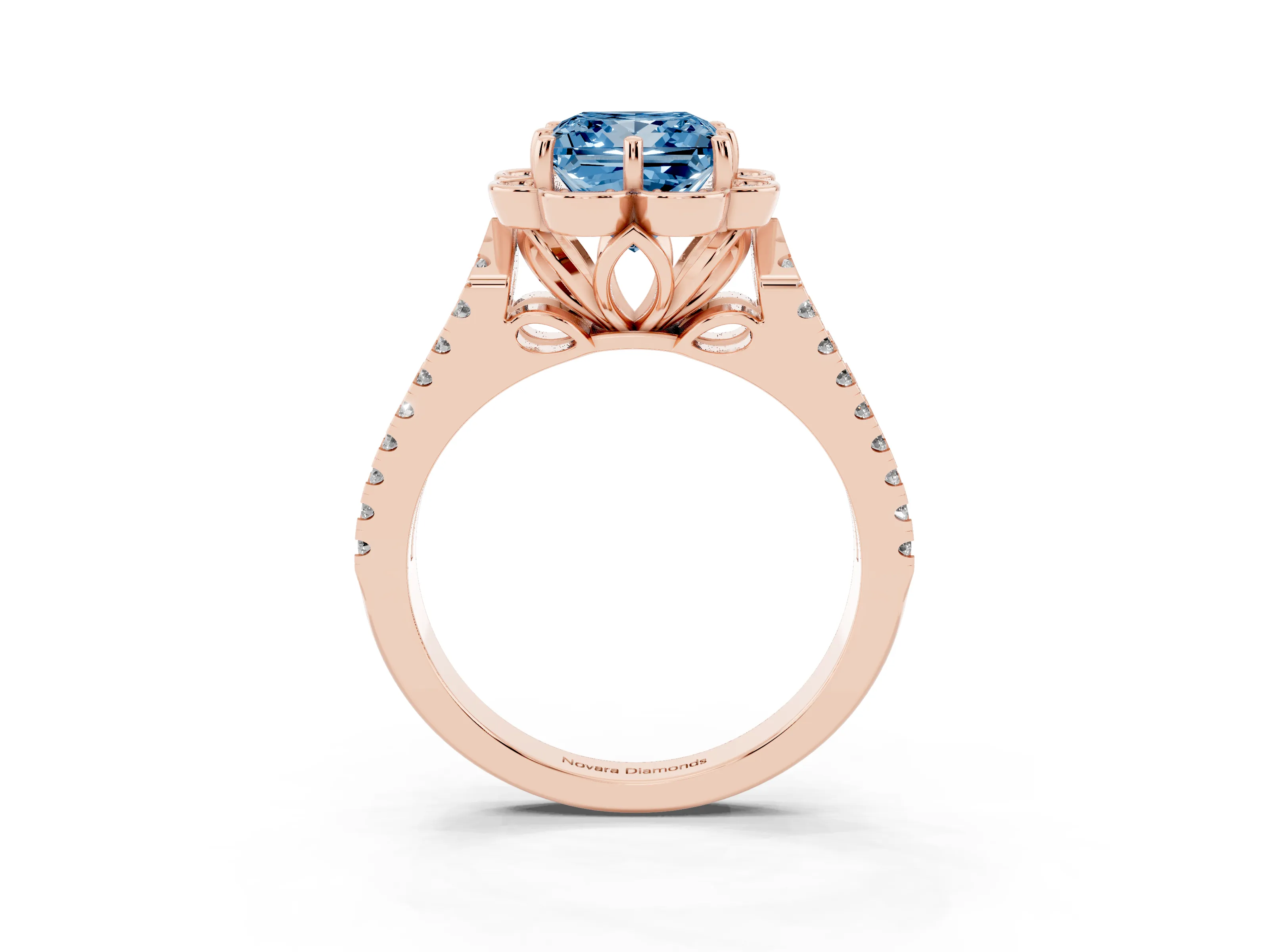 Fancy Blue Princess Cut Diamond Floral Halo Split Shank Engagement Ring Set in Rose gold with Pavé Shank