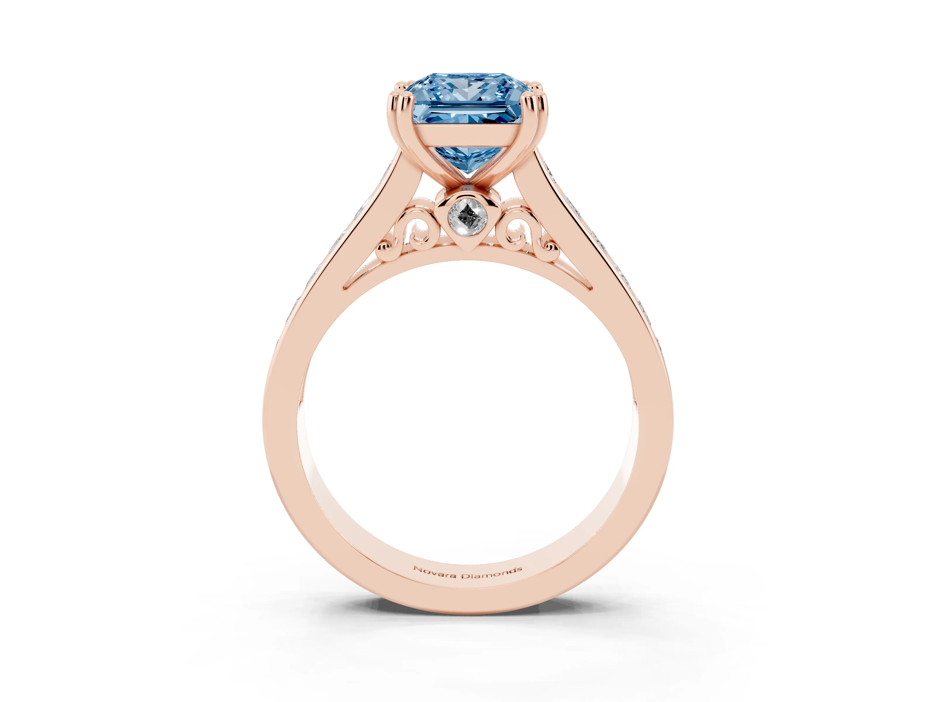 Fancy Blue Princess Cut Diamond Channel Set Solitaire Engagement Ring Set in Rose gold with Prong Setting