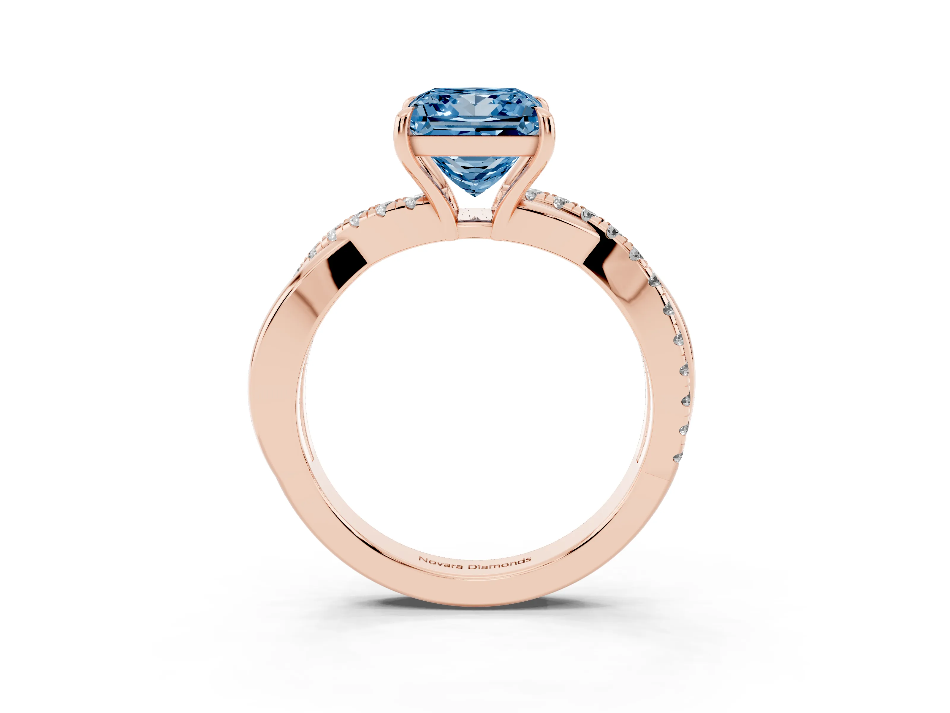 Fancy Blue Princess Cut Diamond Twisted Pavé Band Ring Set in Rose gold with Prong Setting