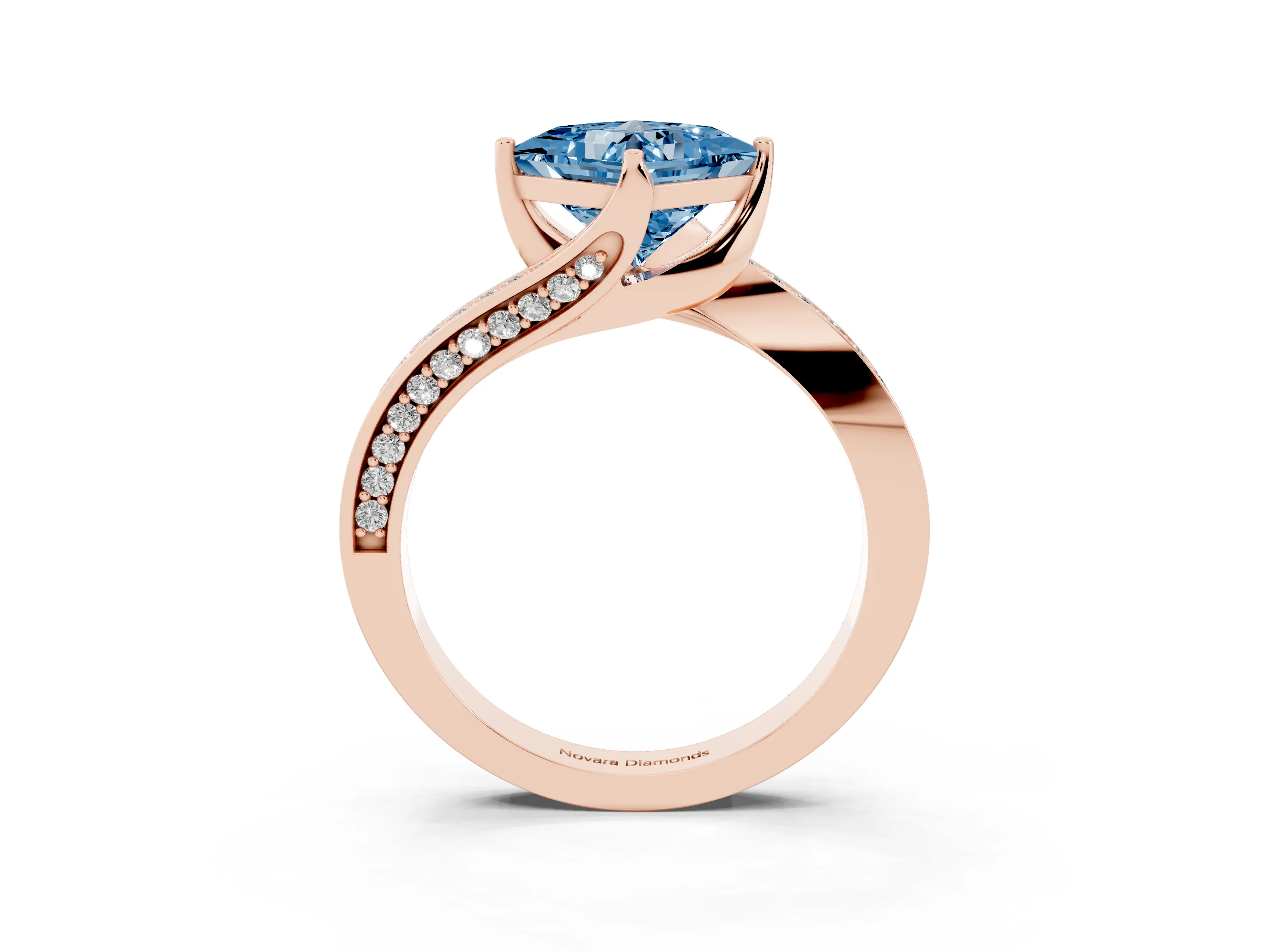 Fancy Blue Princess Cut Diamond Solitaire Ring Set in Rose gold with Intertwined Pavé Twist Band