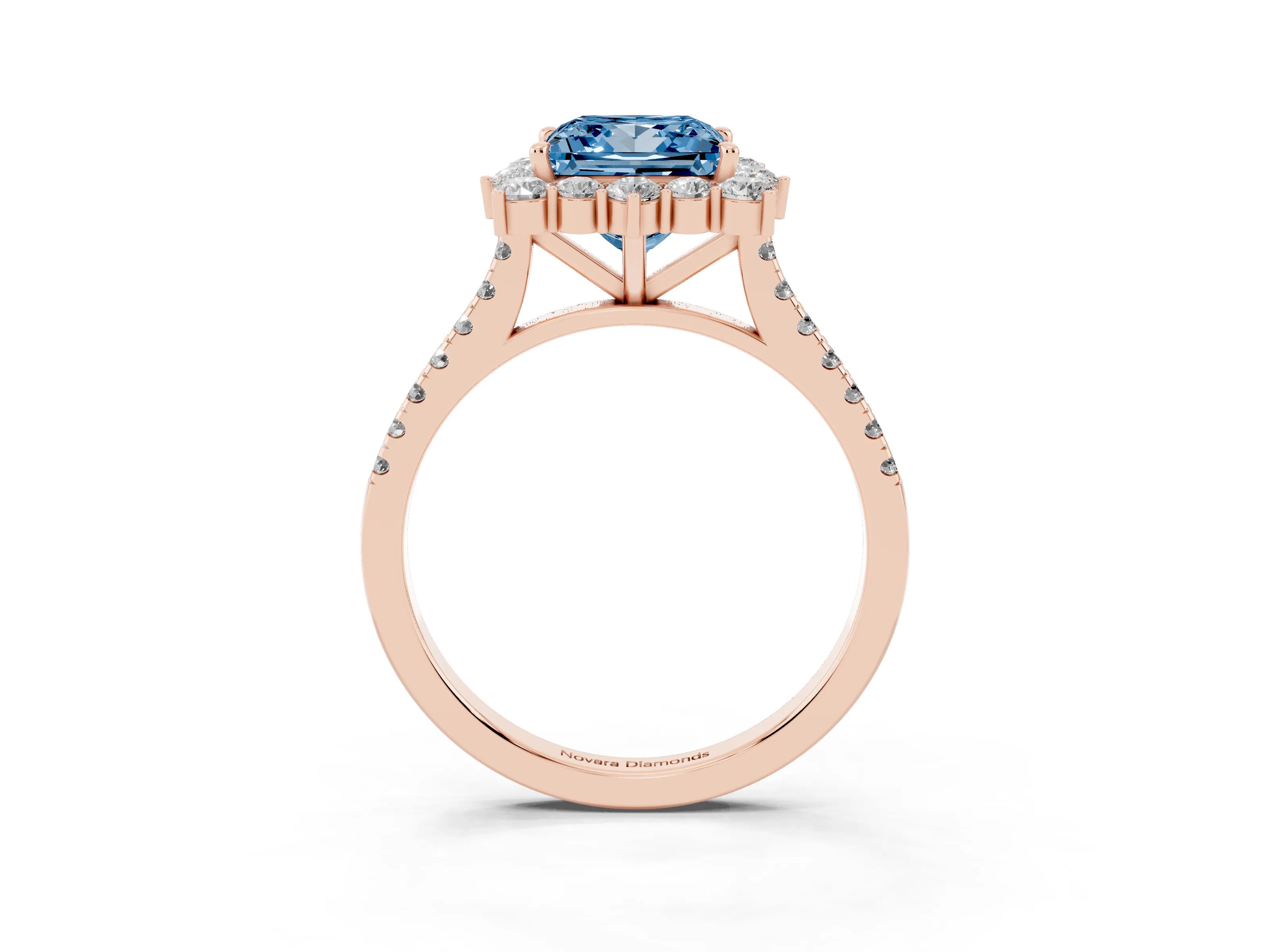 Fancy Blue Princess Cut Diamond Halo Ring Set in Rose gold with Pavé Band and Prong Setting