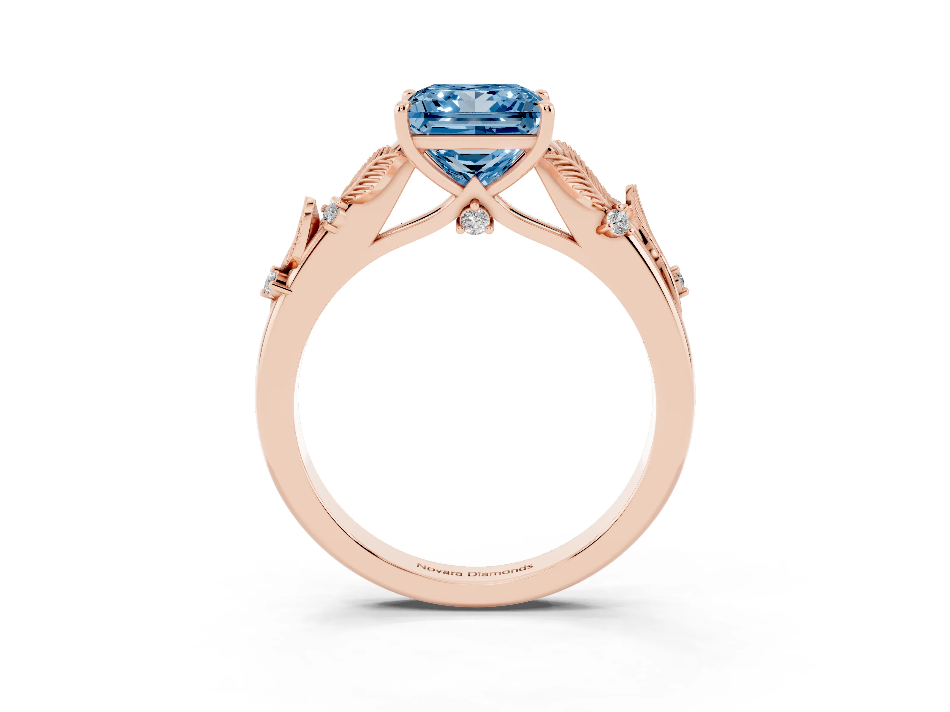 Fancy Blue Princess Cut Diamond Solitaire Ring Set in Rose gold with Leaf Motif Band
