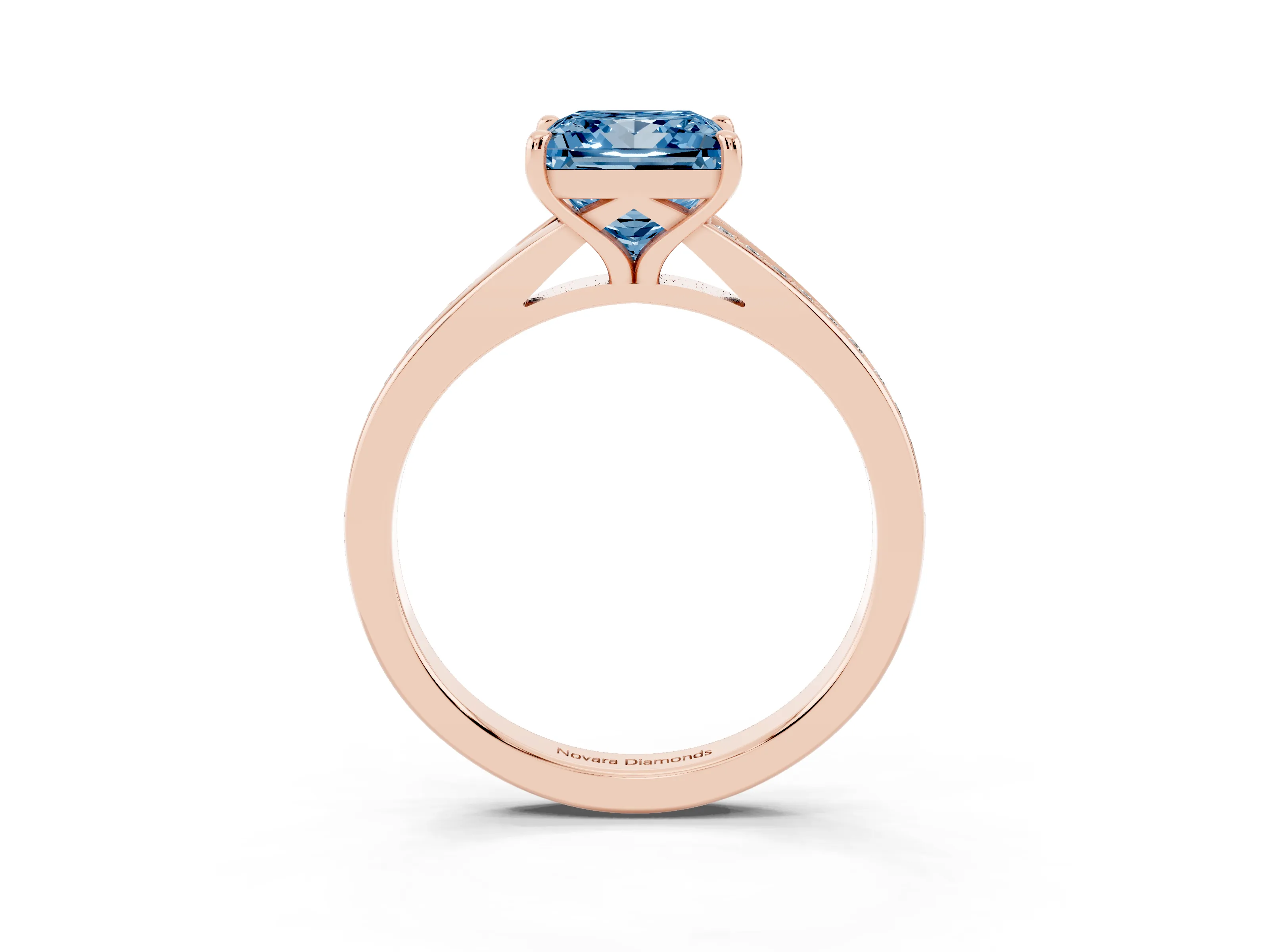 Fancy Blue Princess Cut Diamond Solitaire Ring Set in Rose gold with Pavé Accent Band and Classic Prong Setting