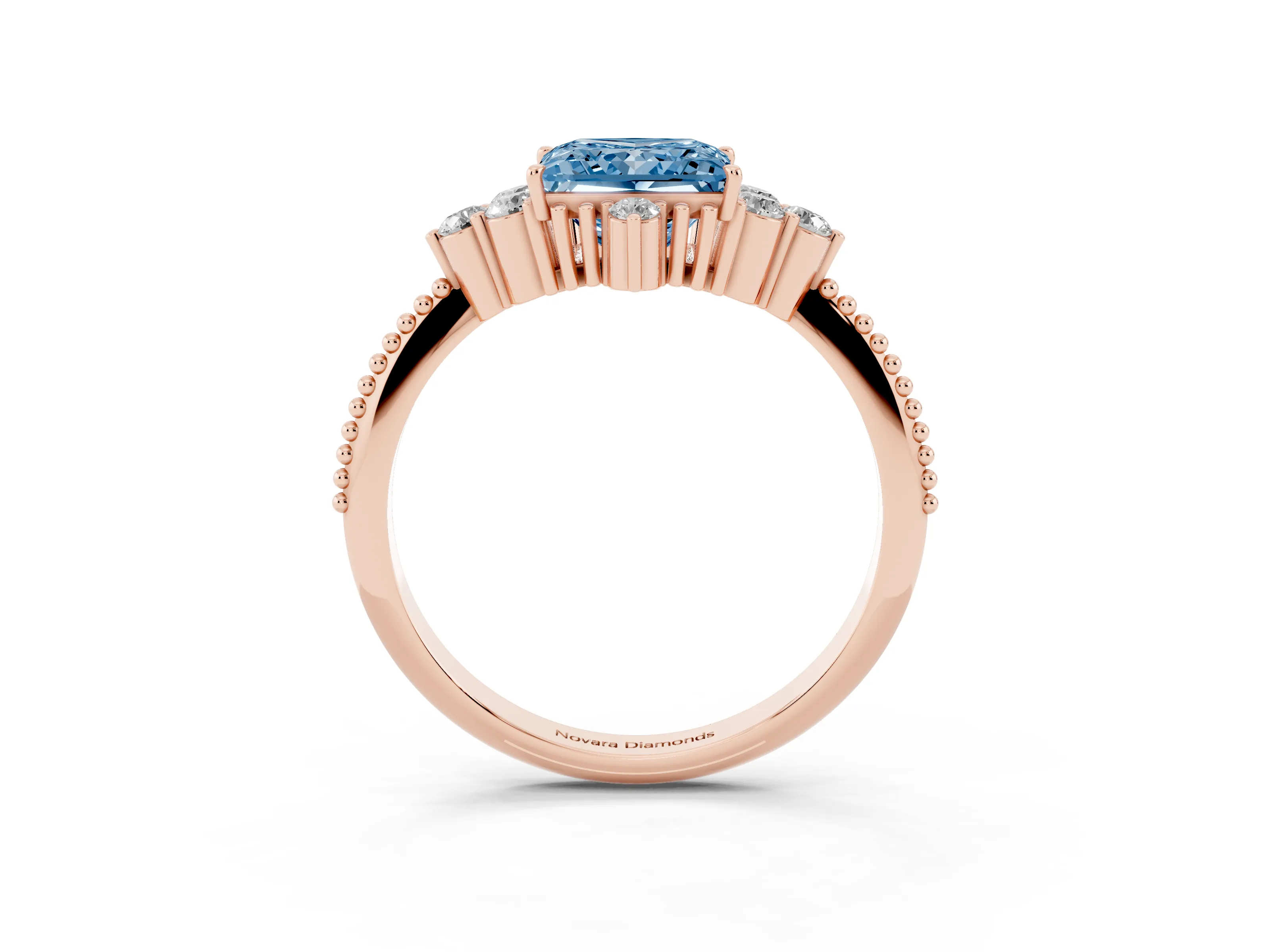 Fancy Blue Princess Cut Diamond Cluster Ring Set in Rose gold with Beaded Band
