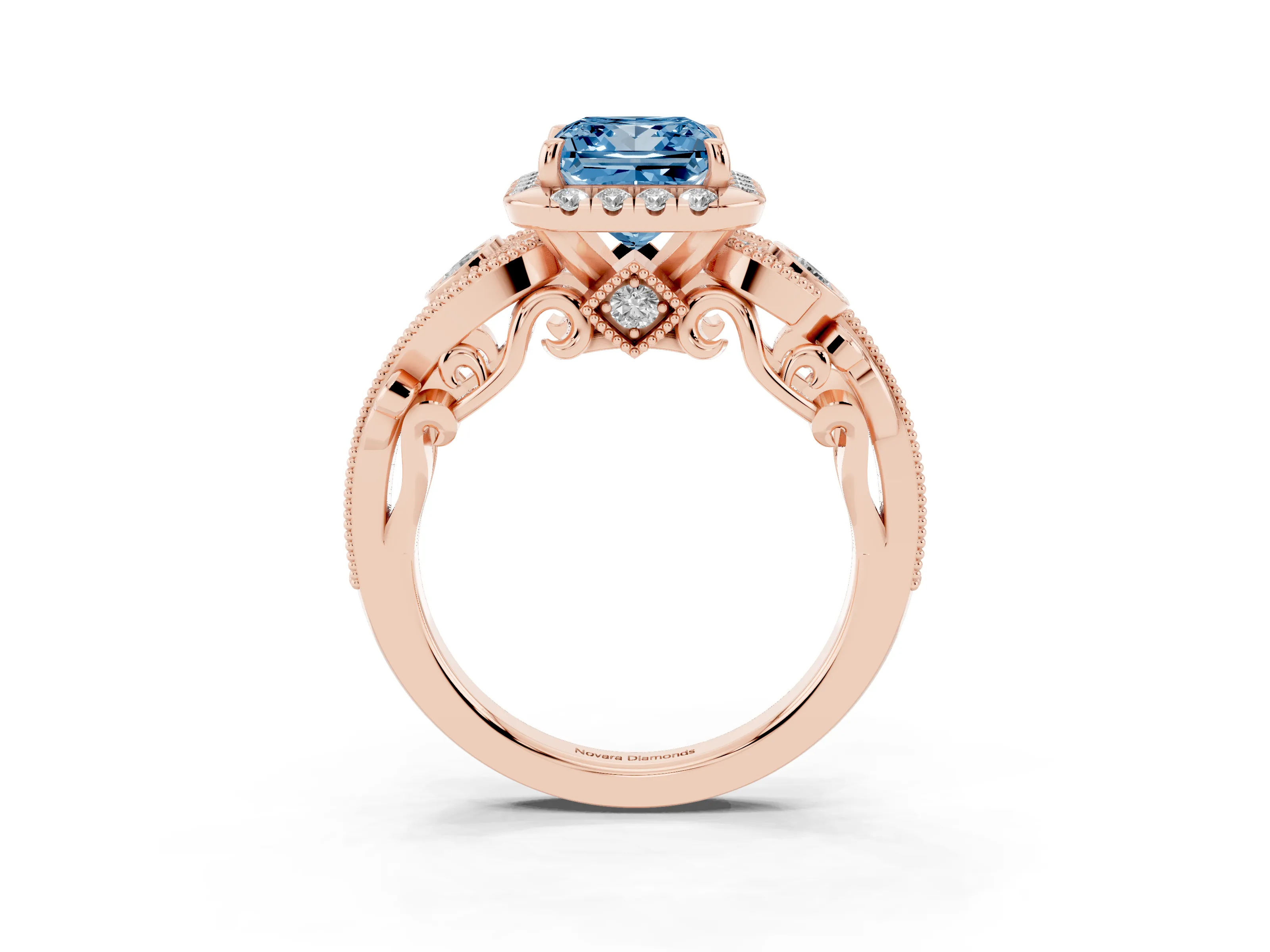Fancy Blue Princess Cut Diamond Halo Split Shank Ring Set in Rose gold with Milgrain and Bezel Accents