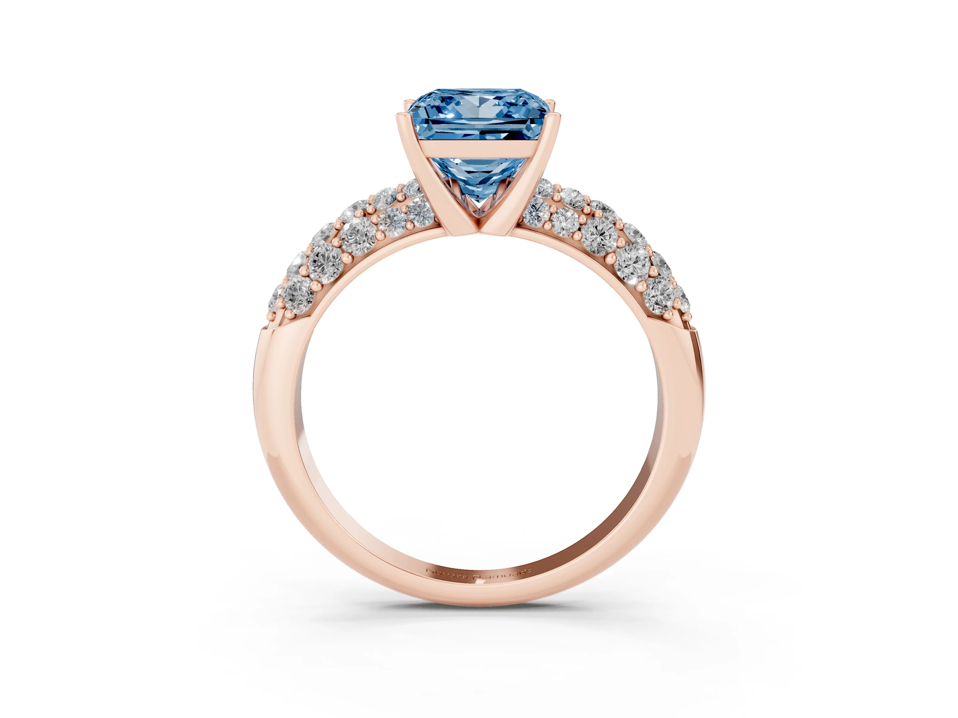 Fancy Blue Princess Cut Diamond Pavé Band Solitaire Ring Set in Rose gold with Close-Set Accent Stones and Prong Setting