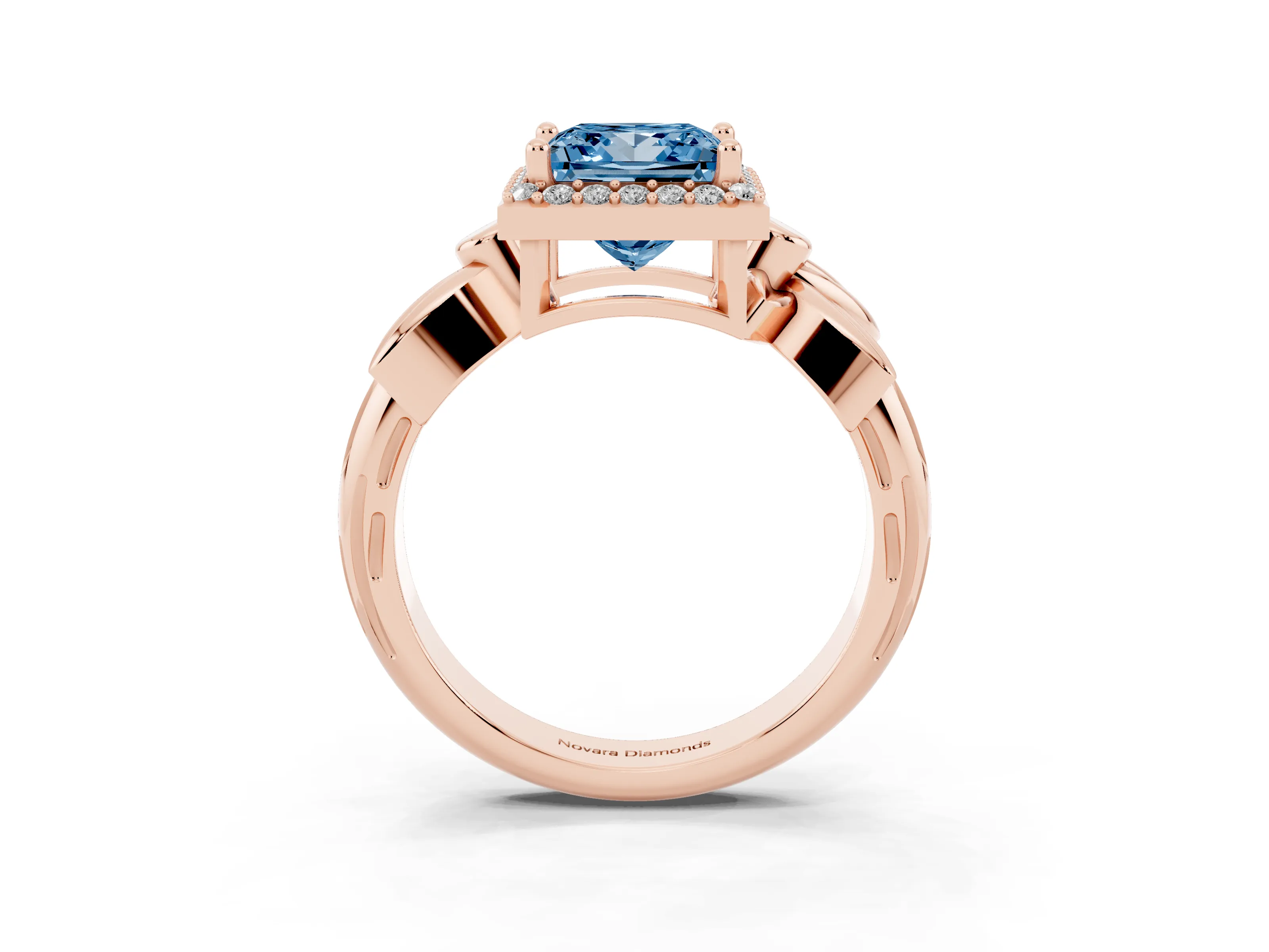 Fancy Blue Princess Cut Diamond Halo Floral Band Ring Set in Rose gold with Prong Setting