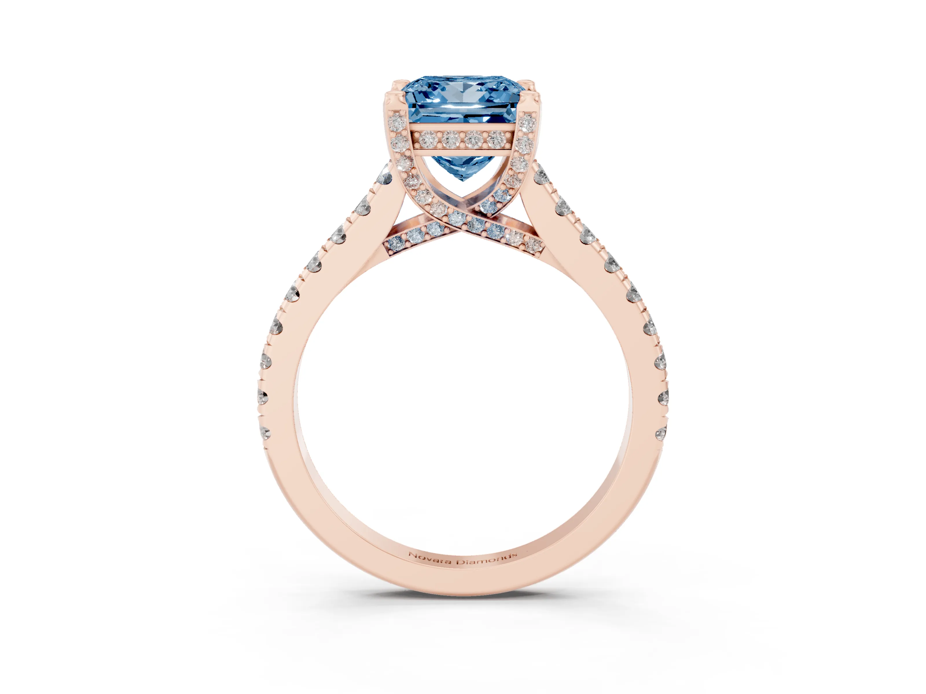 Fancy Blue Princess Cut Diamond Solitaire Ring Set in Rose gold with Brilliant Pavé Band and Prong Setting