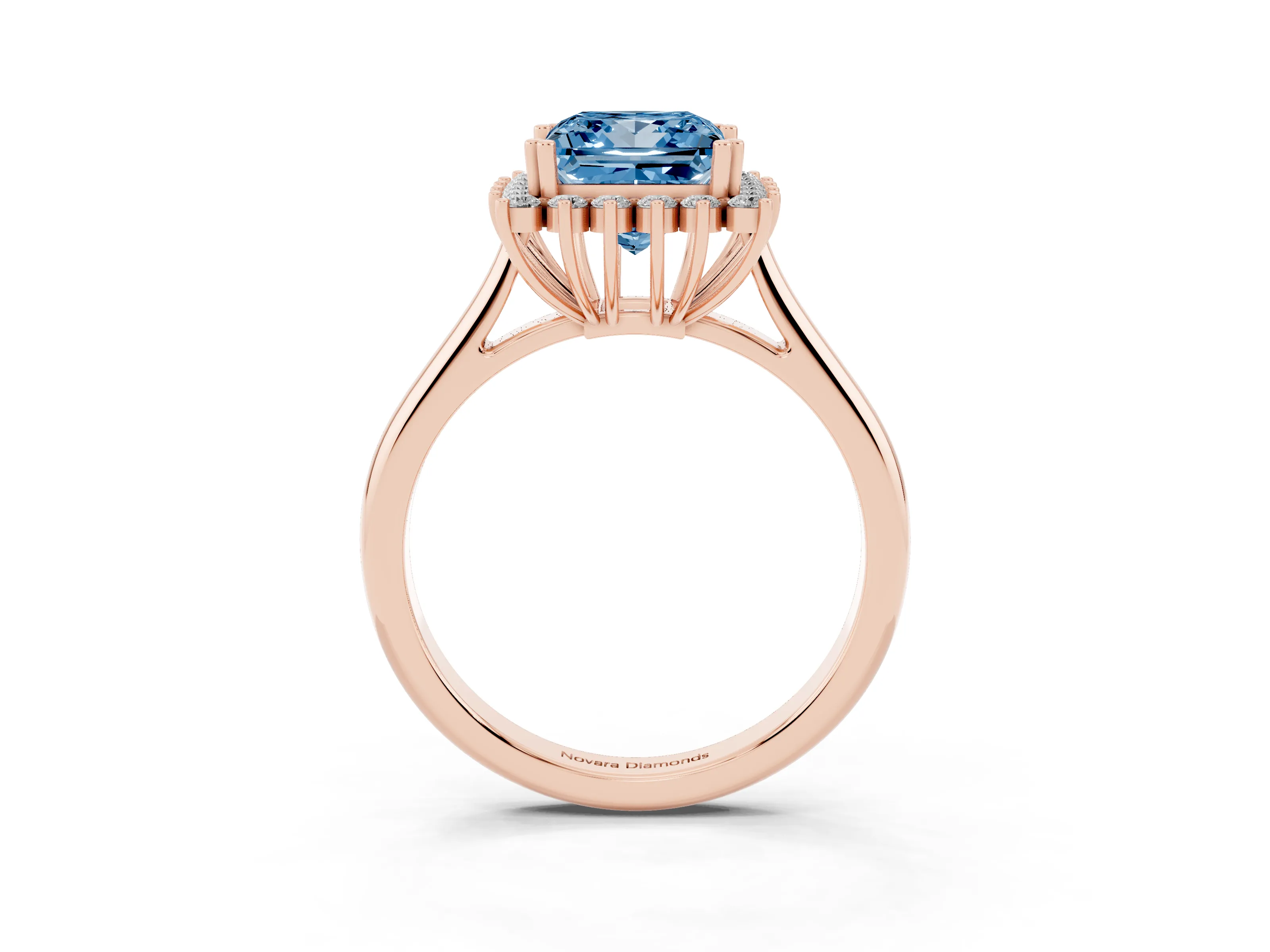 Fancy Blue Princess Cut Diamond Halo Ring Set in Rose gold with Plain Solitaire Band and Prong Setting