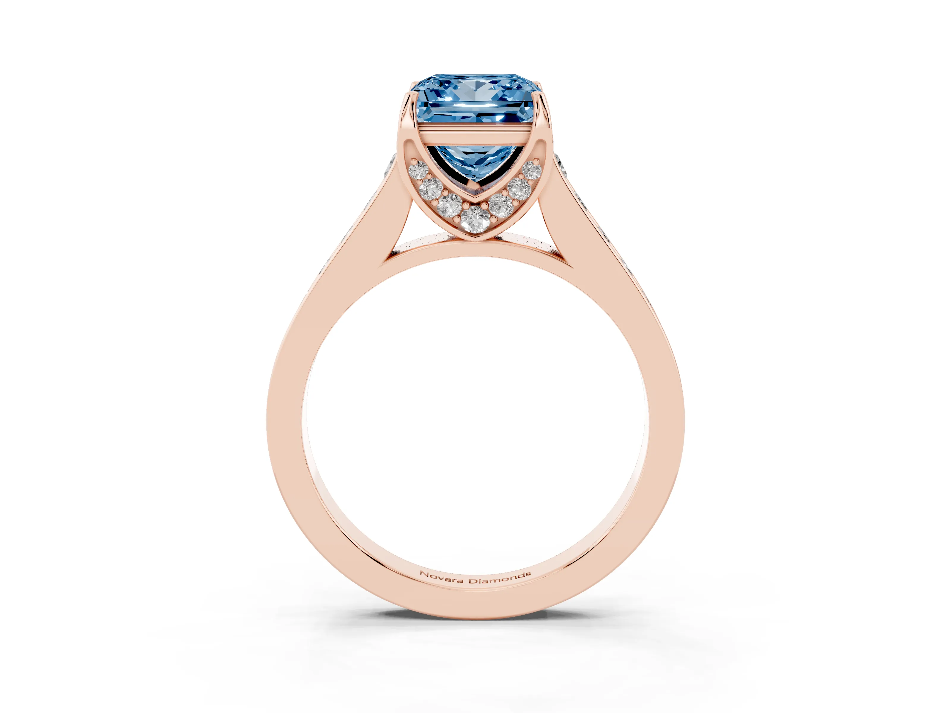 Fancy Blue Princess Cut Diamond Solitaire Pavé Engagement Ring Set in Rose gold with Prong Setting