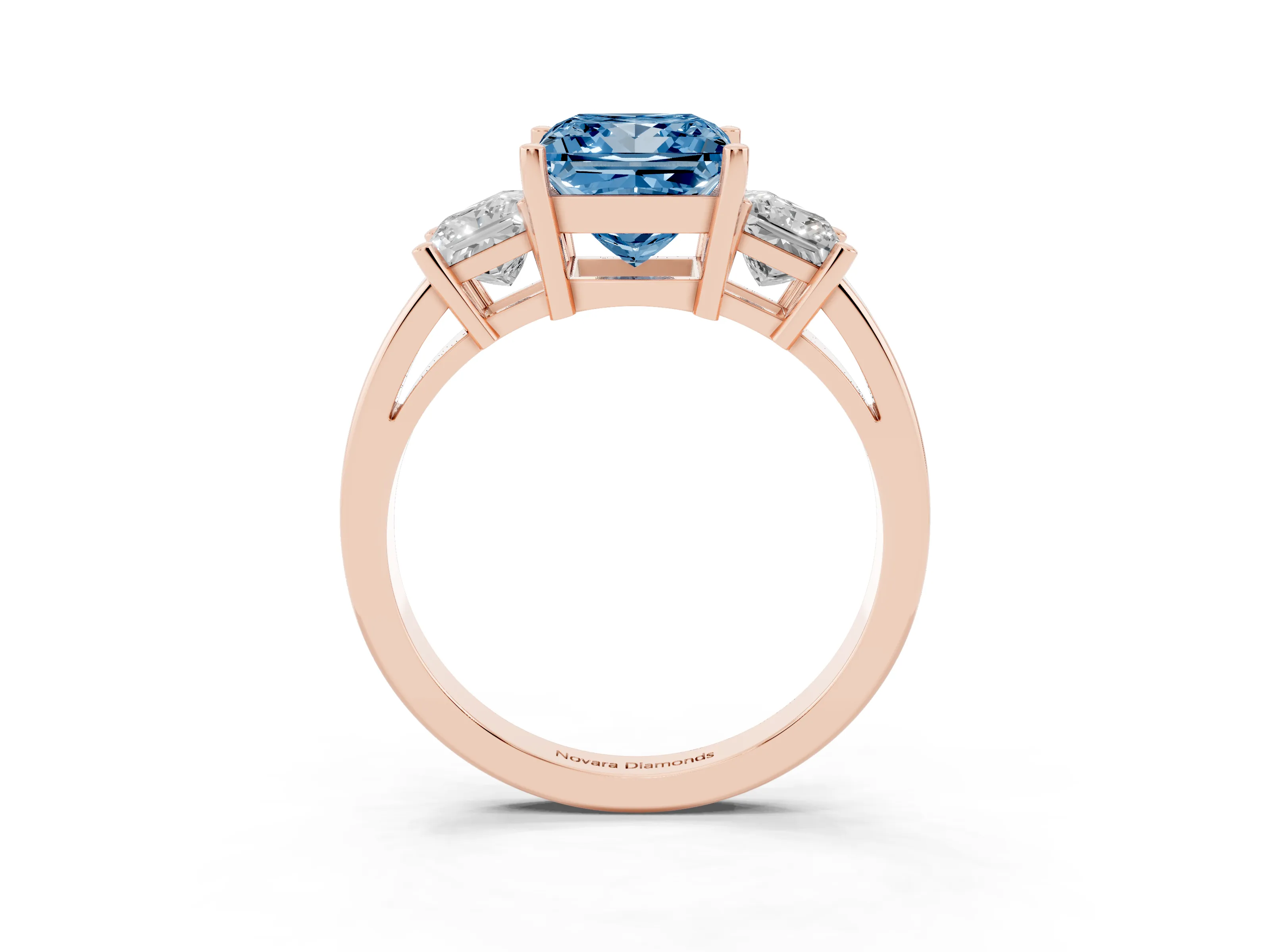 Fancy Blue Three-Stone Princess Cut Diamond Solitaire Ring Set in Rose gold with Prong Setting