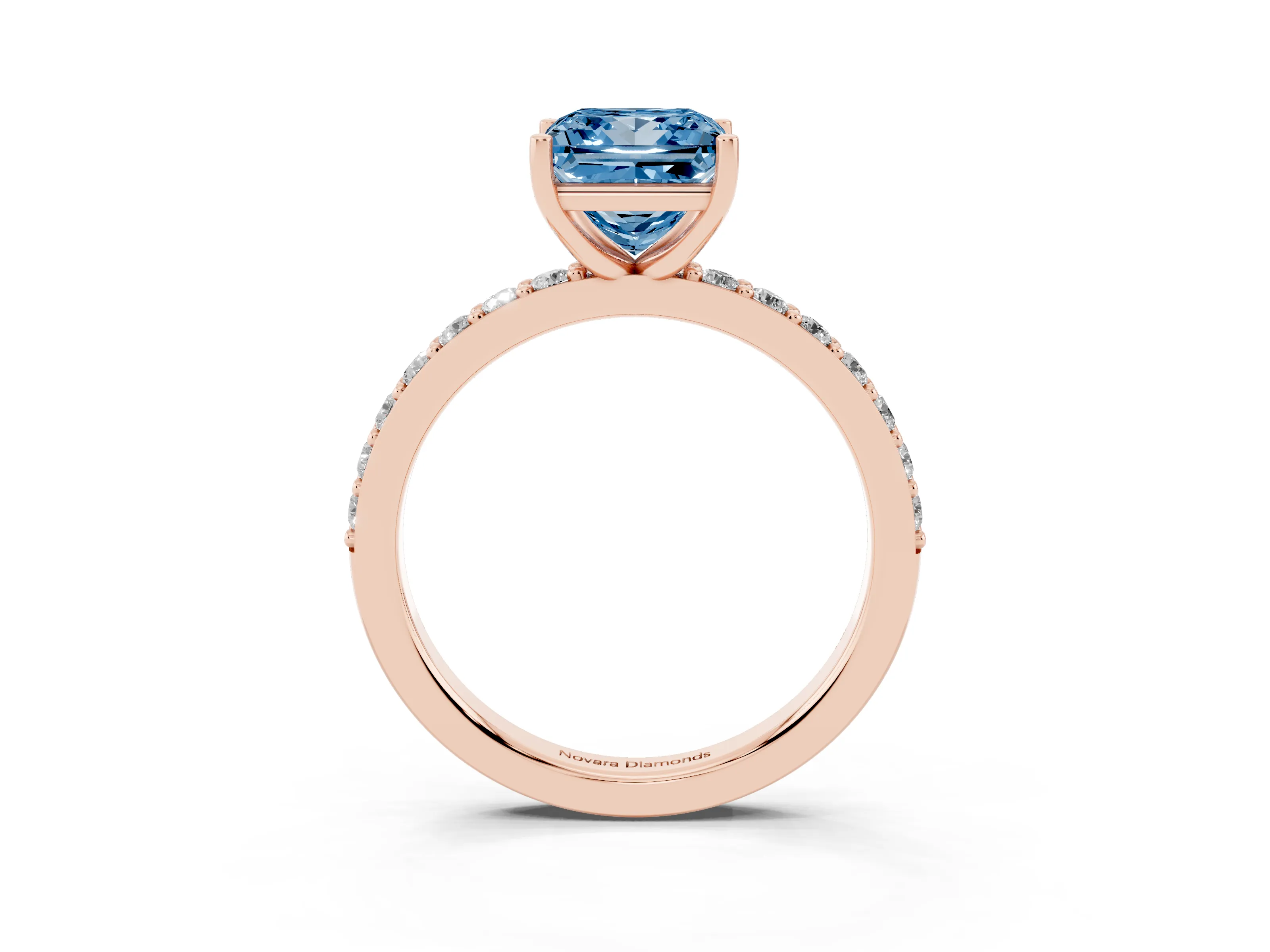 Fancy Blue Princess Cut Diamond Solitaire Set in Rose gold with Round Pavé Band and Prong Setting