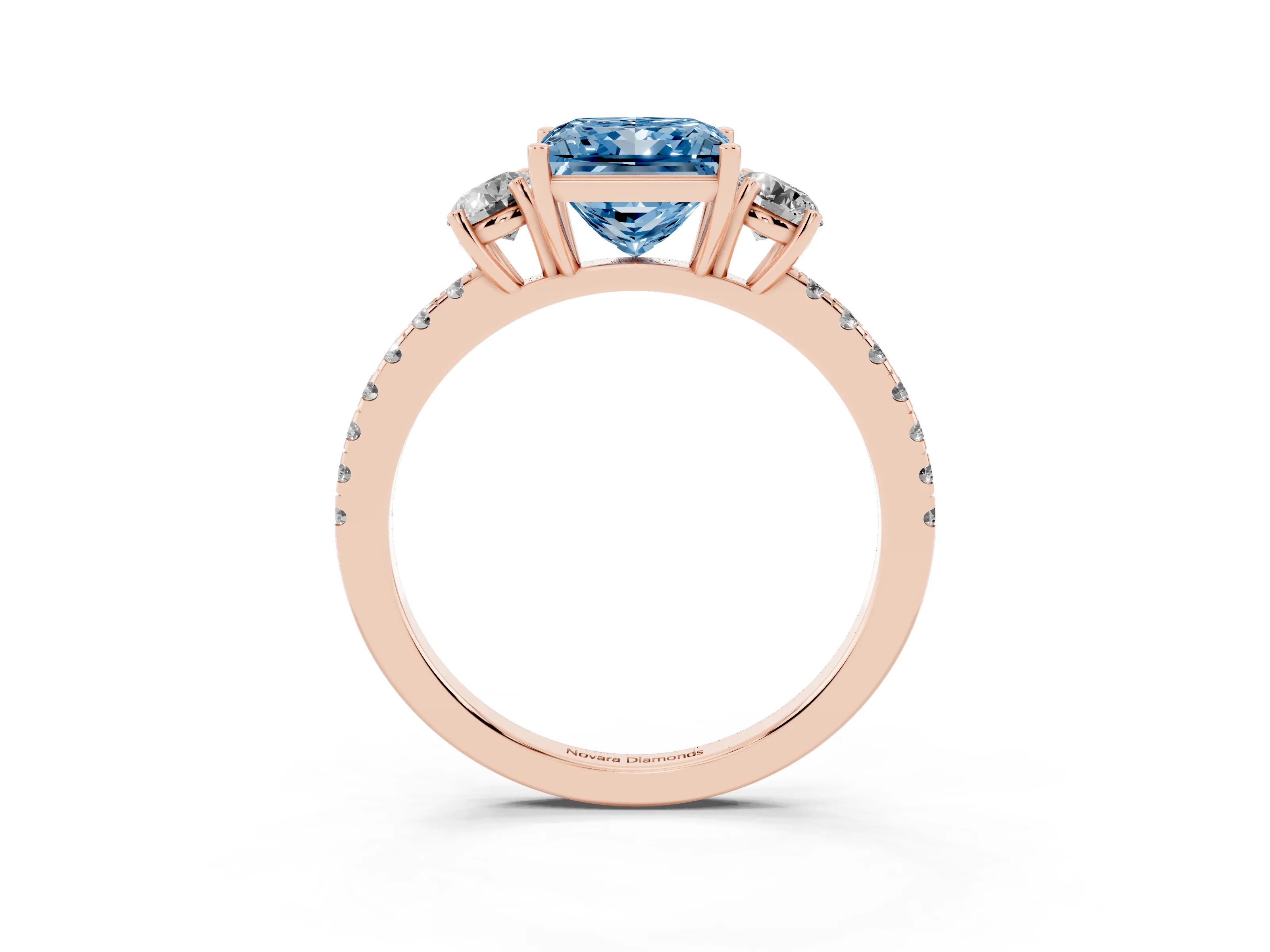Fancy Blue Princess Cut Diamond Three-Stone Ring Set in Rose gold with Pavé Band and Graduated Sides