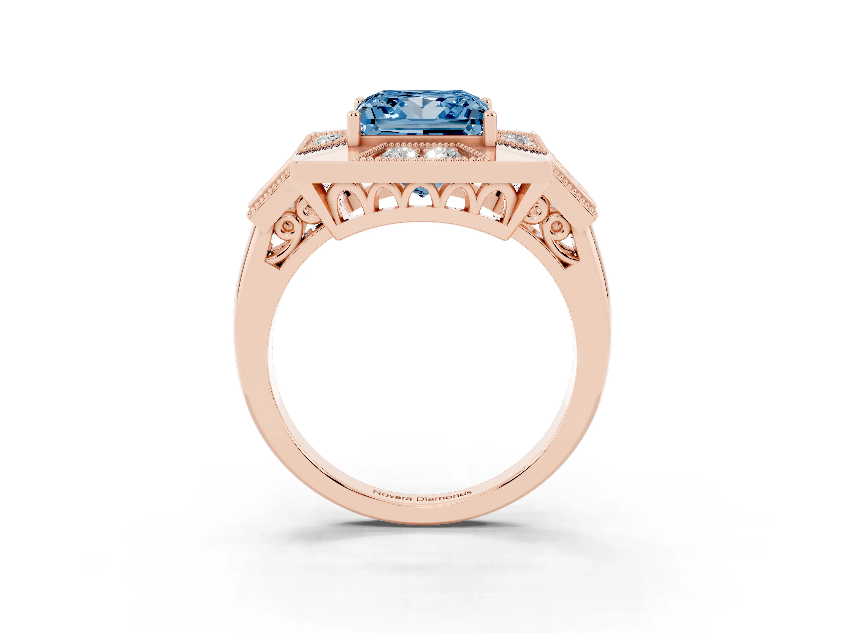 Fancy Blue Princess Cut Diamond Milgrain Halo Ring Set in Rose gold with Split Shank