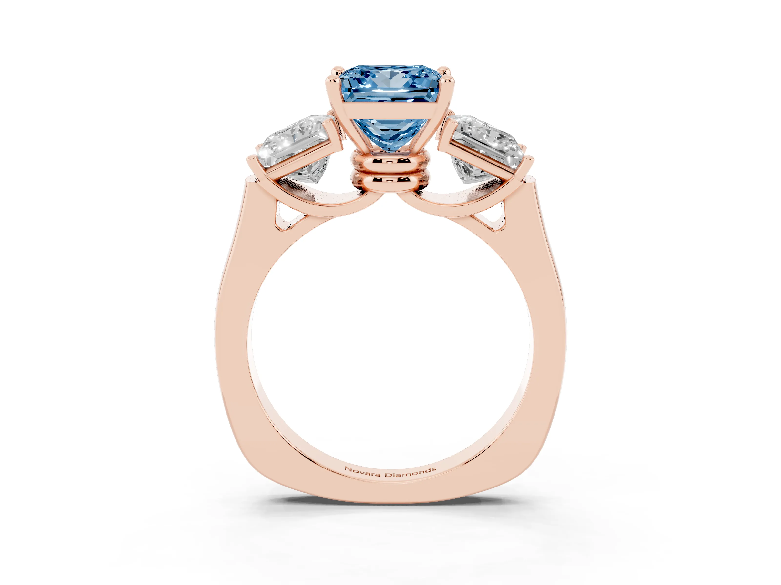 Fancy Blue Princess Cut Diamond Three-Stone Trellis Ring Set in Rose gold with Comfort Fit Band